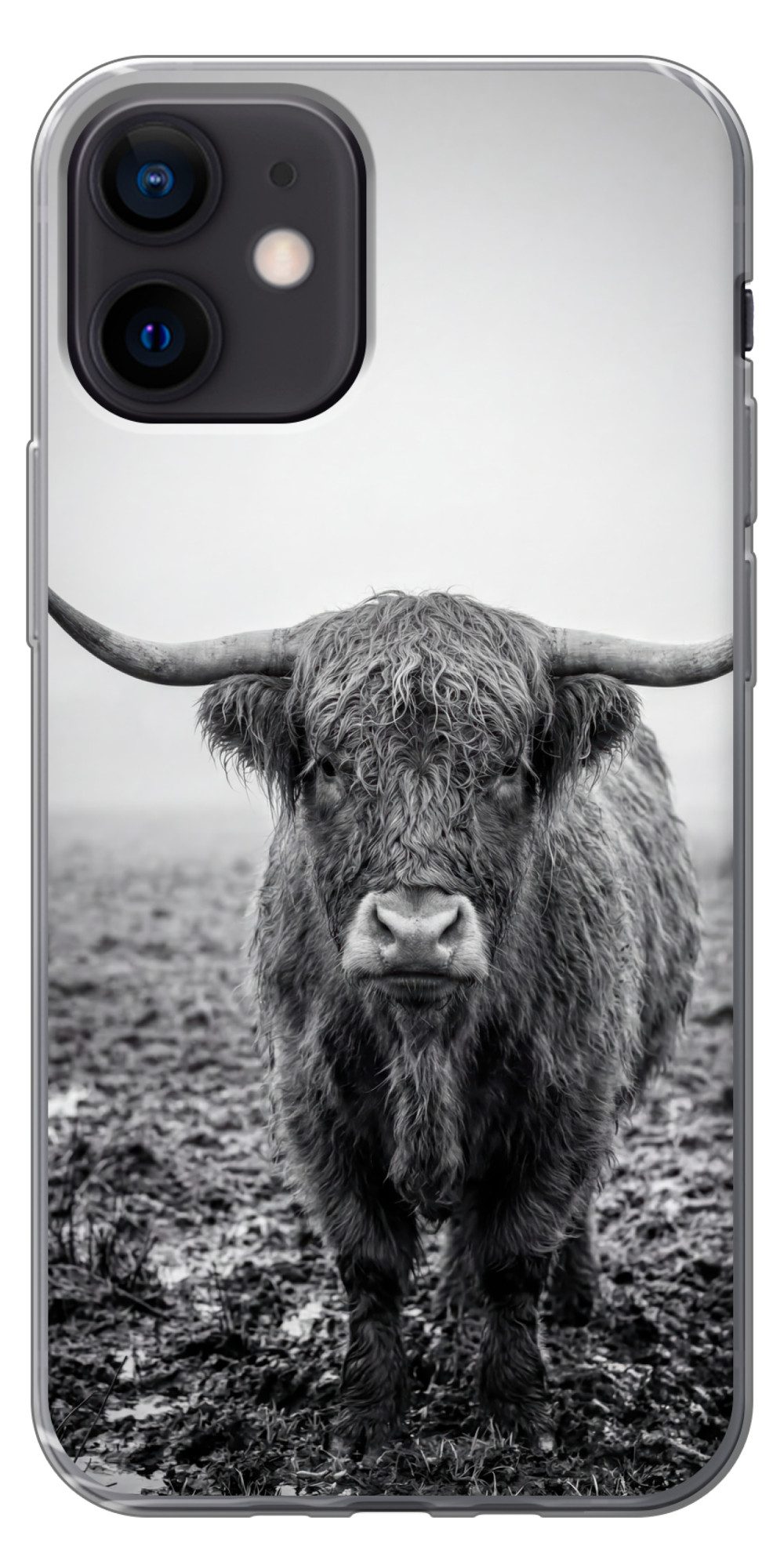 MuchoWow Handyhülle für Apple iPhone 12 Pro Schottischer Highlander - Schwarz - Weiß - Gra, Smartphone-Bumper, Print, Handy Schutzhülle Dünn