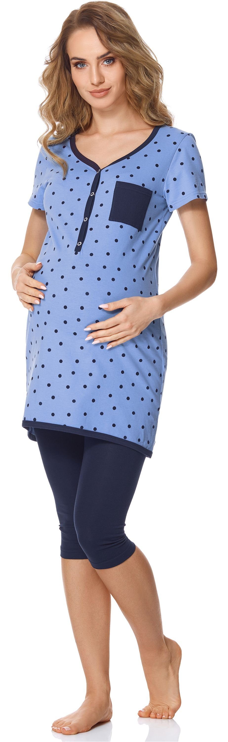 Stillfunktion Brusttasche mit mit Bellivalini Damen Umstands BLV50-126 Umstandspyjama Punkte/Marineblau Pyjama Blau