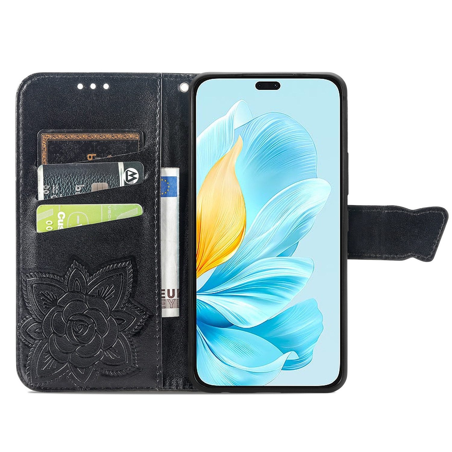 Wigento Smartphone-Hülle Für Honor 200 Lite Kunstleder Wallet Tasche Schmetterling Case Schwarz, Kunst-Leder Schutzhülle Smart Case Cover magnetischer Verschluss