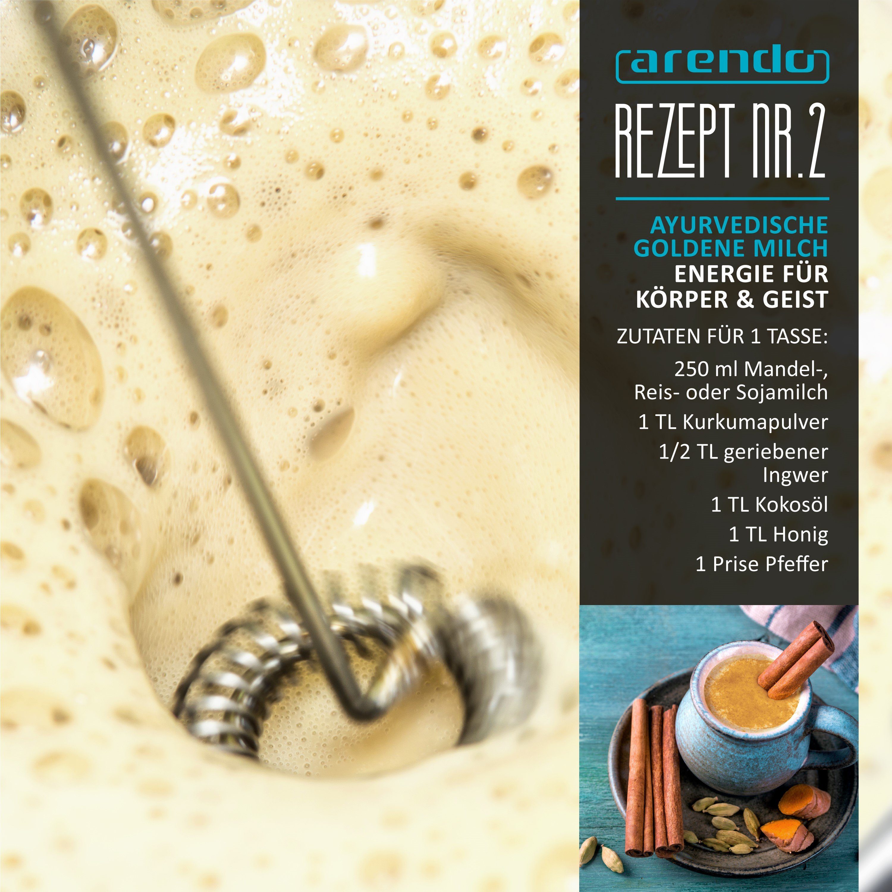 Arendo Milchaufschäumer elektrischer Handmilchaufschäumer, Edelstahl Stab & Spezialspirale, Batteriebetrieb, Motor mit 14.200 U/min, Standhalterung inklusive