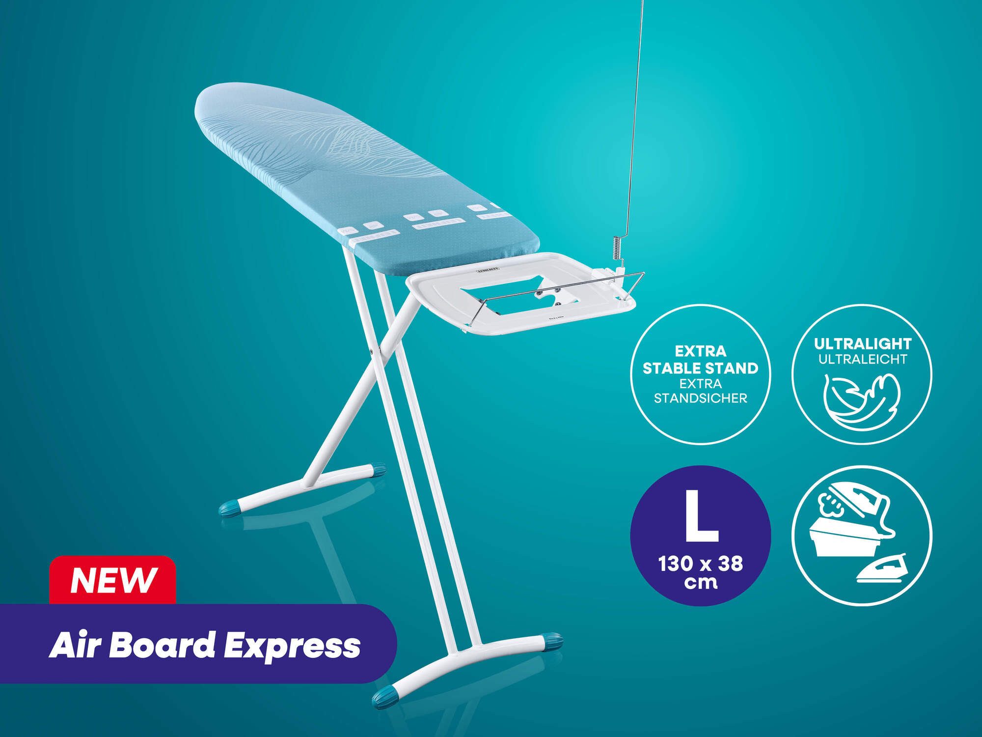 Leifheit Bügelbrett Bügeltisch Air Board Express L Solid, Bügelfläche 38.0x130.0 cm, Höhenverstellbar, Bügelfläche 130 x 38 cm, ideal für Dampfstationen