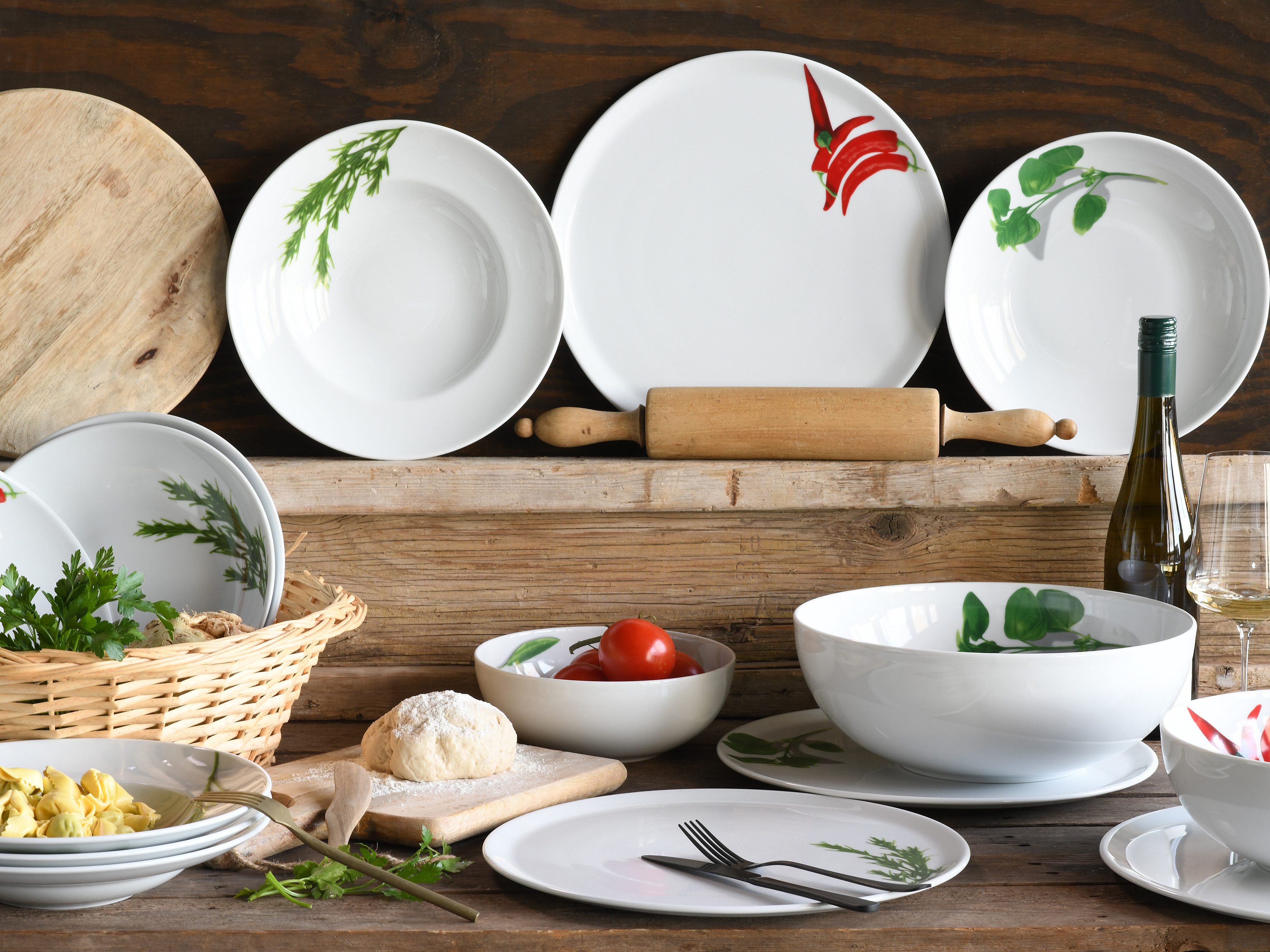CreaTable Pizzateller Essteller Kräuter, (4 St), Teller Set für 4 Personen, weiß, Porzellan, schwere Qualität