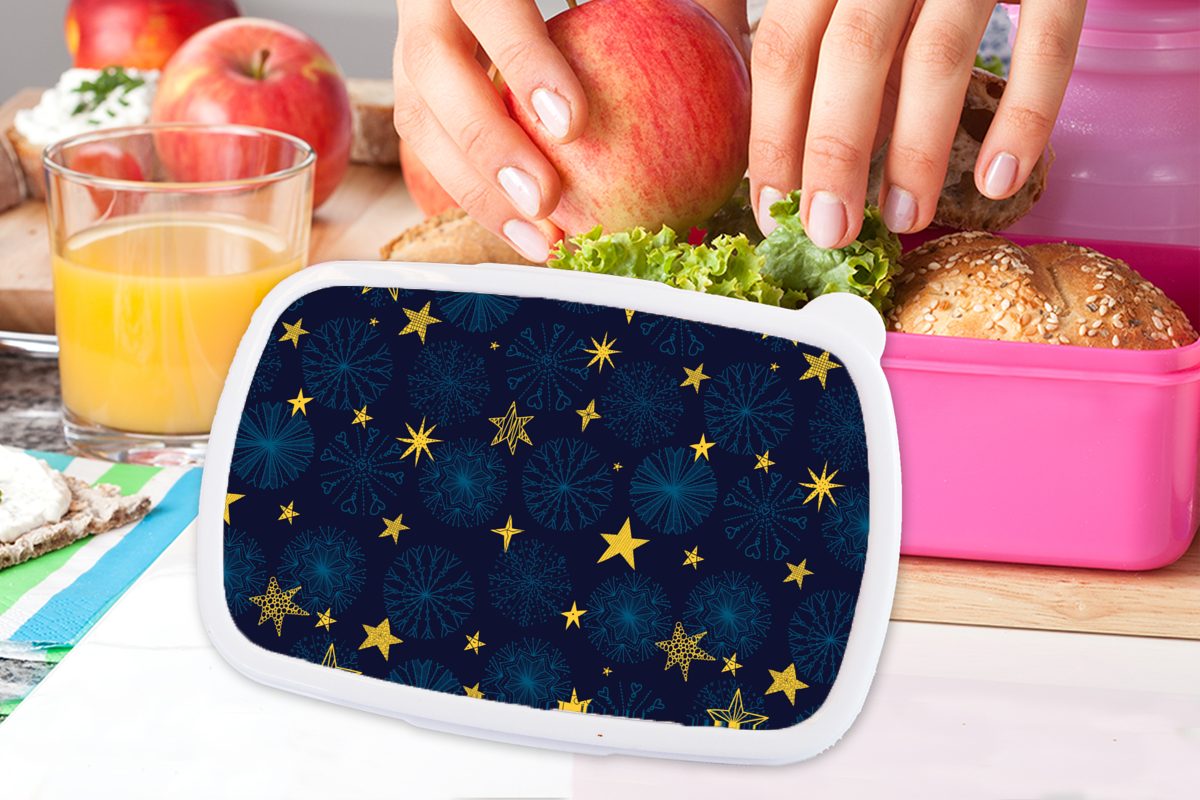 Brotdose - Mädchen, - (2-tlg), - MuchoWow Snackbox, Kunststoff, Kinder, Brotbox Sterne Muster für Erwachsene, Kunststoff rosa Schnee Weihnachten, Lunchbox