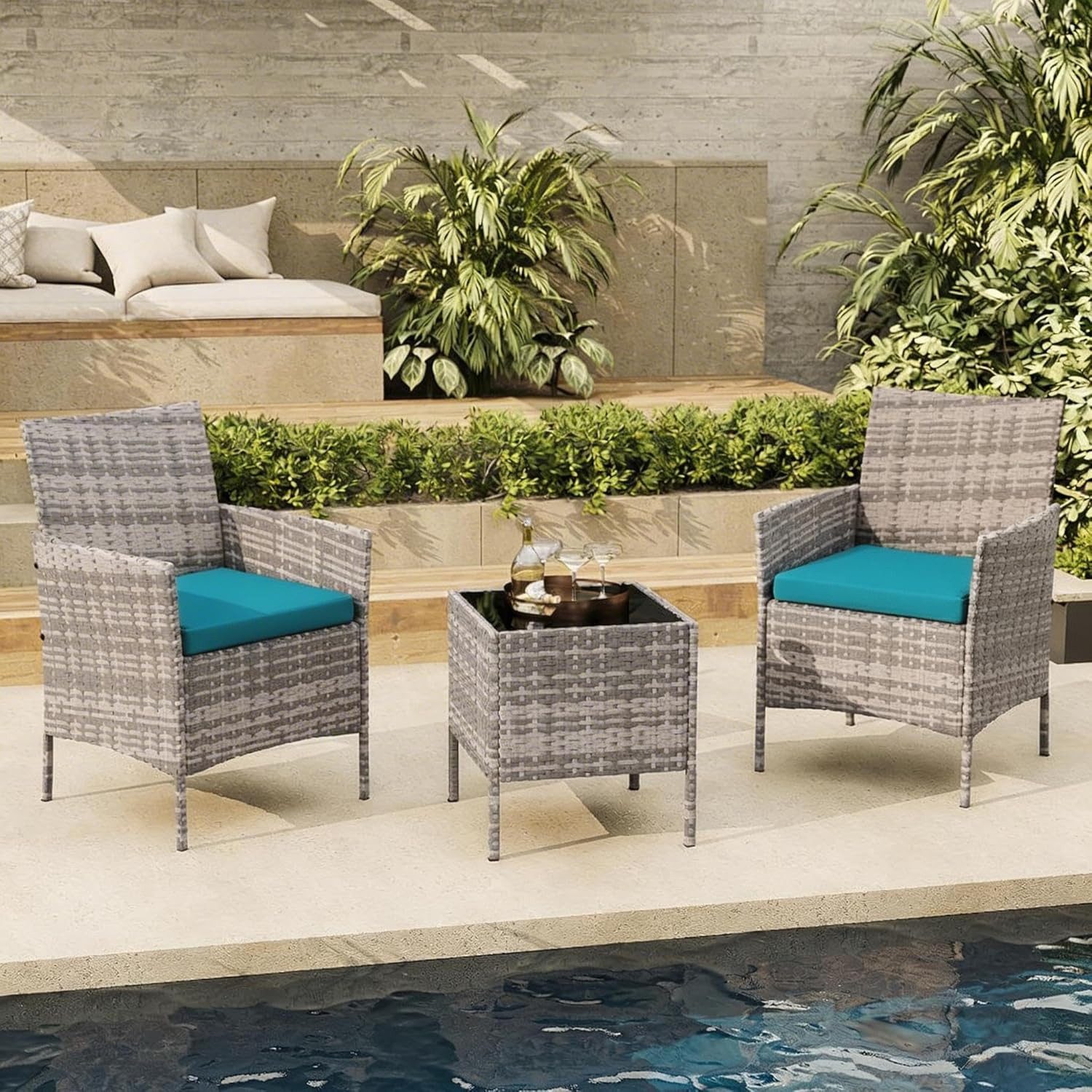 GarveeMore Gartenlounge-Set Balkonset Rattan Sitzgruppe mit 2 Sessel & 1 Kaffeetisch, 3-tlg., 2 Gartenstuhl, 1 Gartentisch, mit Kissen - Möbel-Sets