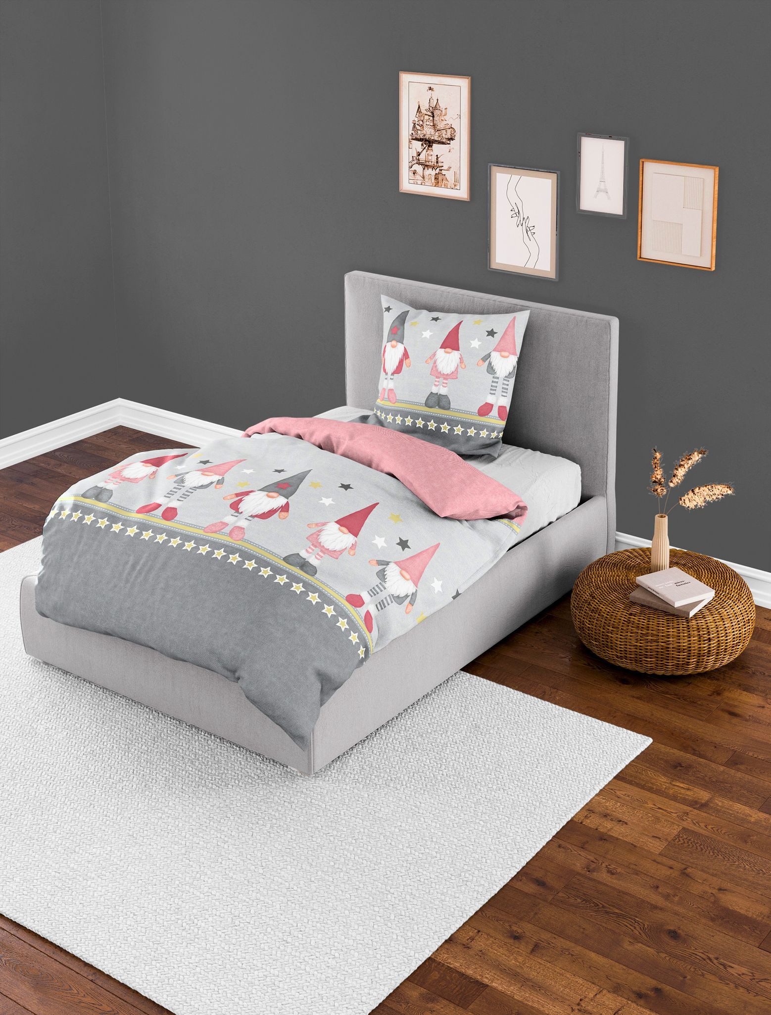JACK Bettwäsche 135x200cm Wichtel Sterne Rosa Pink Grau, Biber, 2 teilig, m günstig online kaufen
