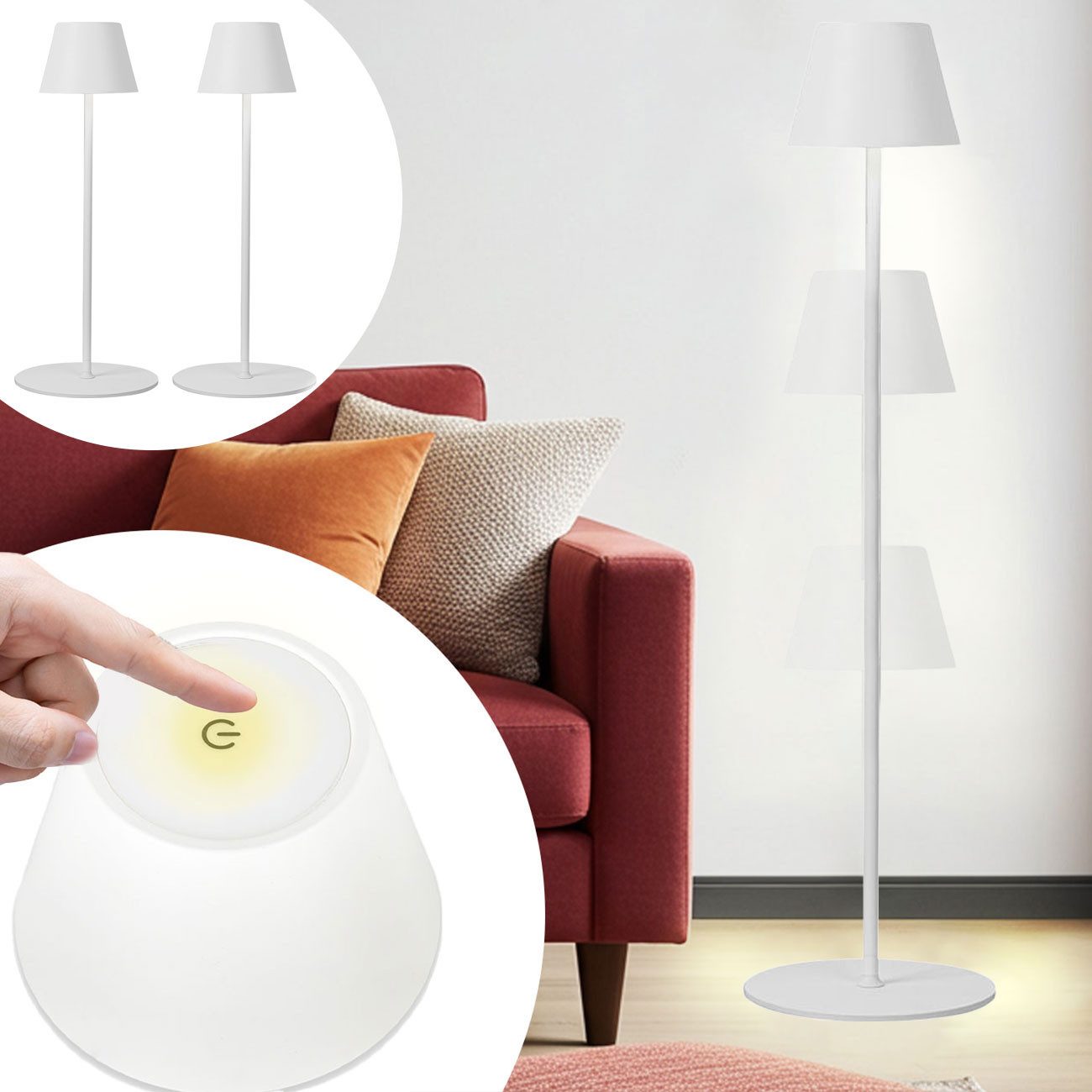 shop'n smile ideoon LED Stehlampe 4W Dimmbare Stehlampe Höhenverstellbar 50/90/130cm Akkubetrieb IP54, LED, (2700K) warmweiß, ca. 10 Std. Akkulaufzeit, 2700K LED-Licht, Lampenkopf Ø14 cm x H10 cm