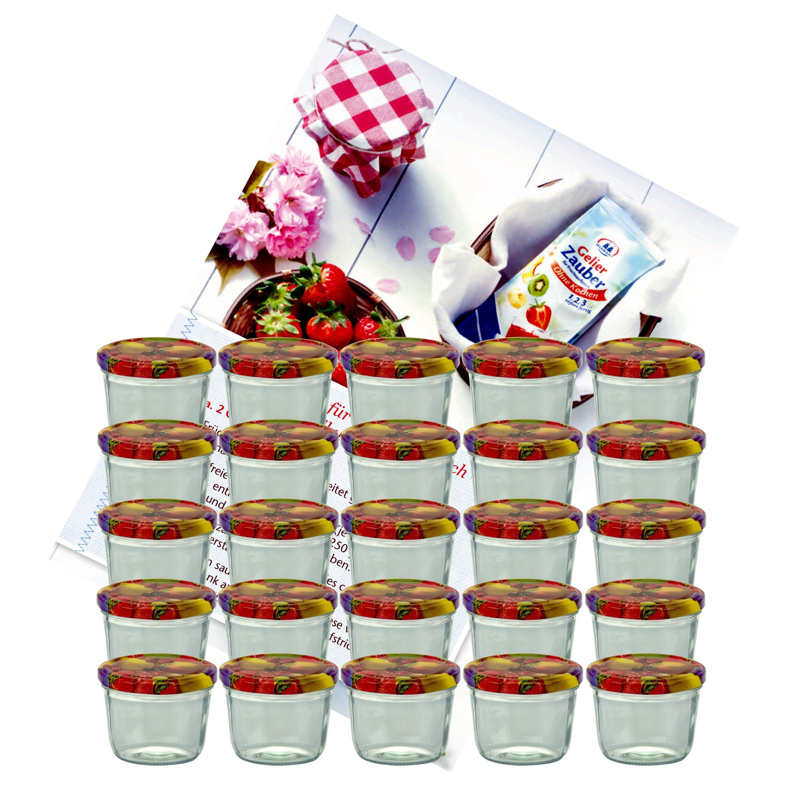 MamboCat Einmachglas 25er Set Sturzglas 230 ml Marmeladenglas Einmachglas Einweckglas To 82 Obst gelbe Birne Deckel incl. Diamant-Zucker Gelierzauber Rezeptheft