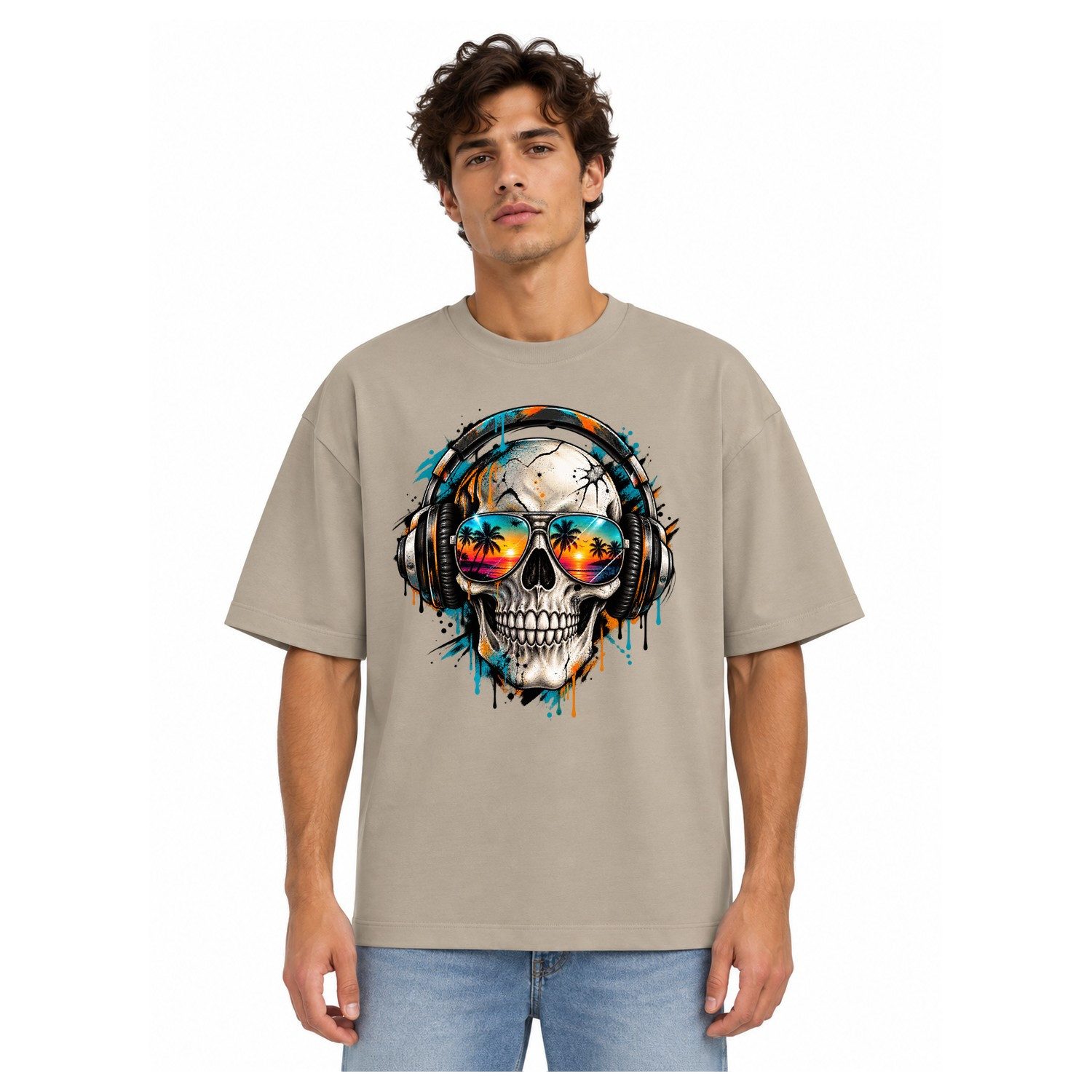 Blondie & Brownie T-Shirt Herren Oversize T Shirt Totenkopf mit Kopfhörern Frontprint (Einzelartikel) Tropical Soundwave Streetart Edition
