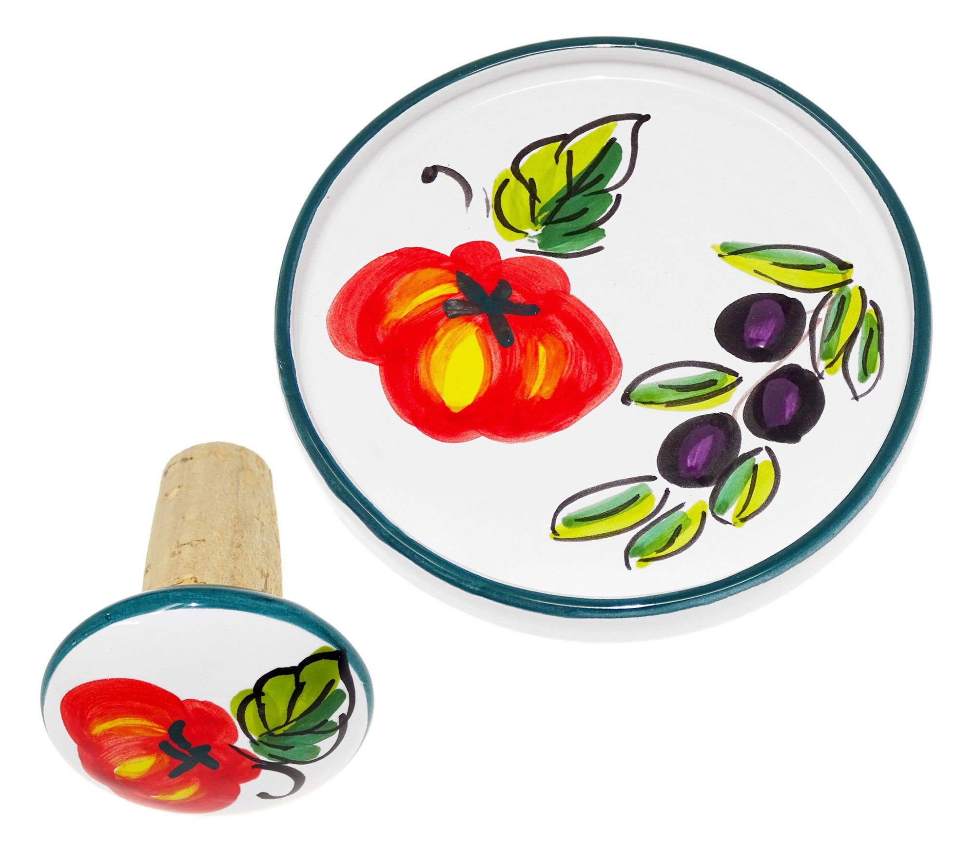 Lashuma Geschirr-Set (2-tlg), Keramik, Weinstopper Set, 1x Weinkorken und 1x Tablett rund Tomate Olive