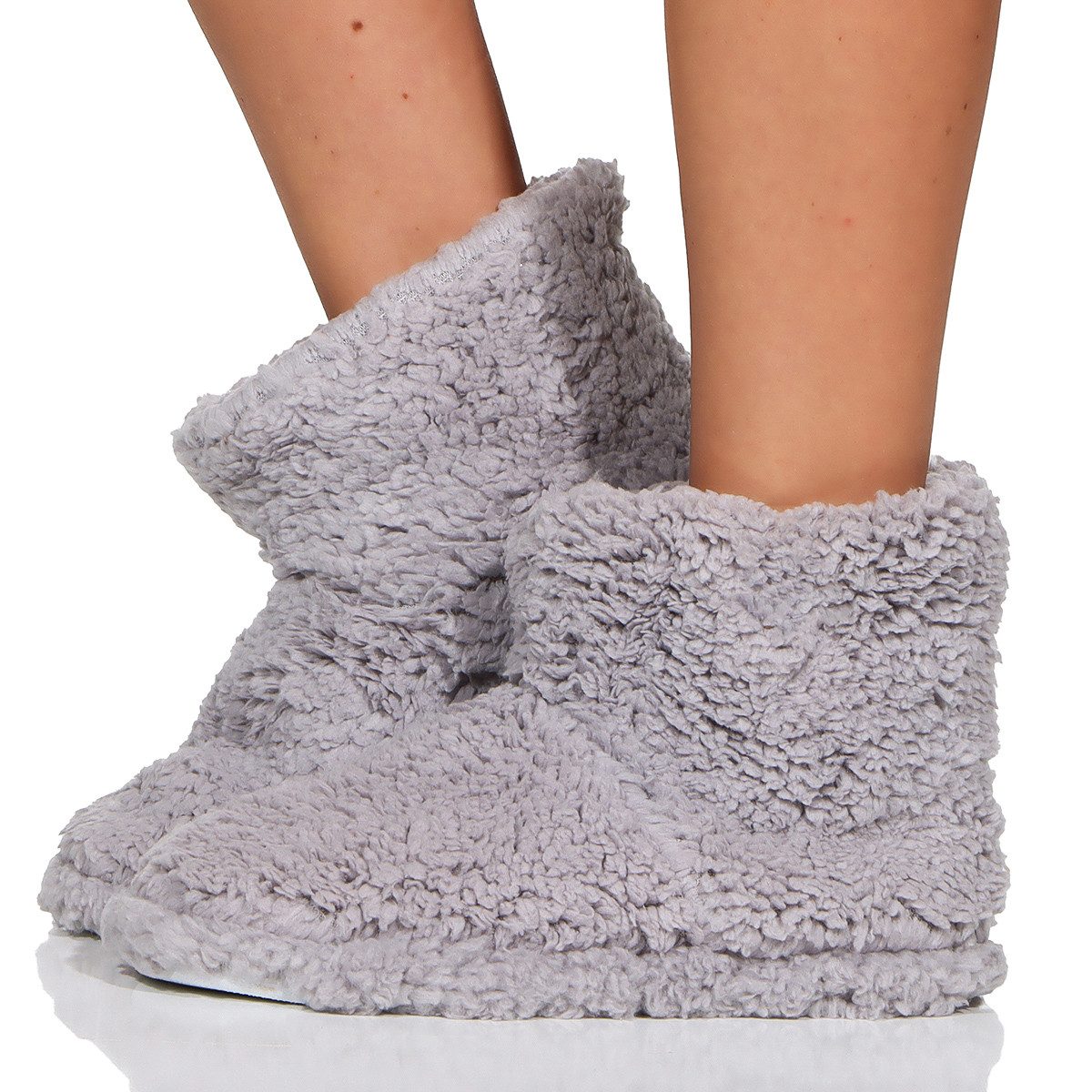 simaranda 710 rutschfeste Stiefelette mit ABS und Teddyfell Hüttenschuhe zum Schlupfen