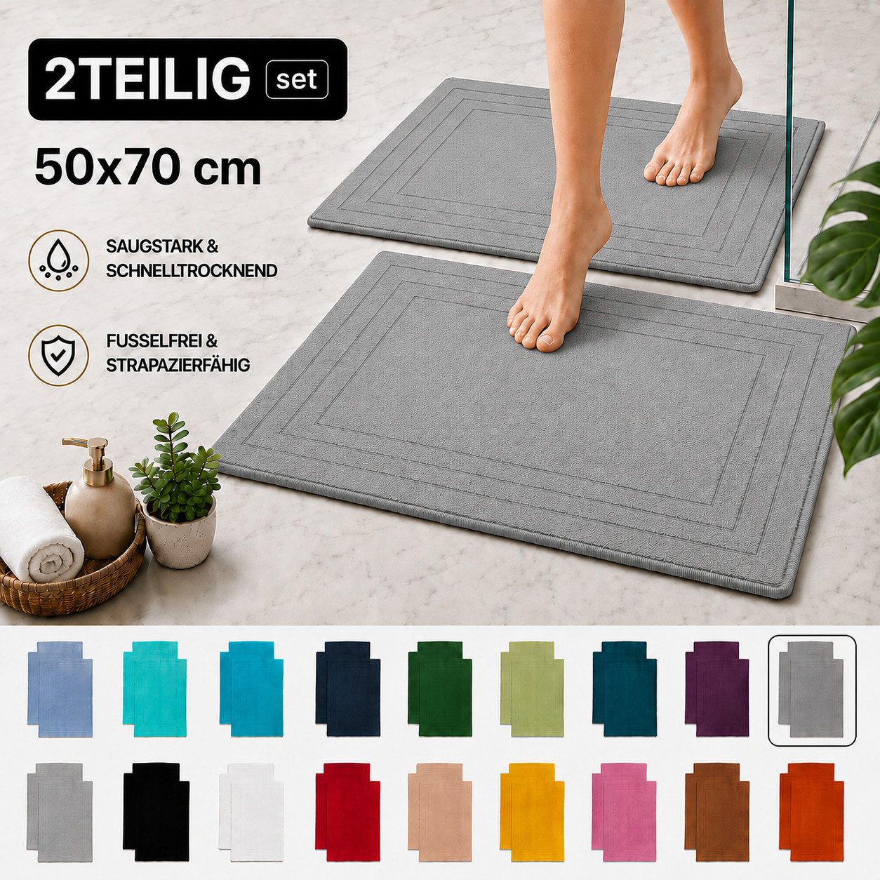 Komfortec Badematte 2er Badetuch Set aus 100% Baumwolle 50x70 cm Extra Weich & Saugstark, Rechteckig, 600 g/m² – Bild 5 von 5