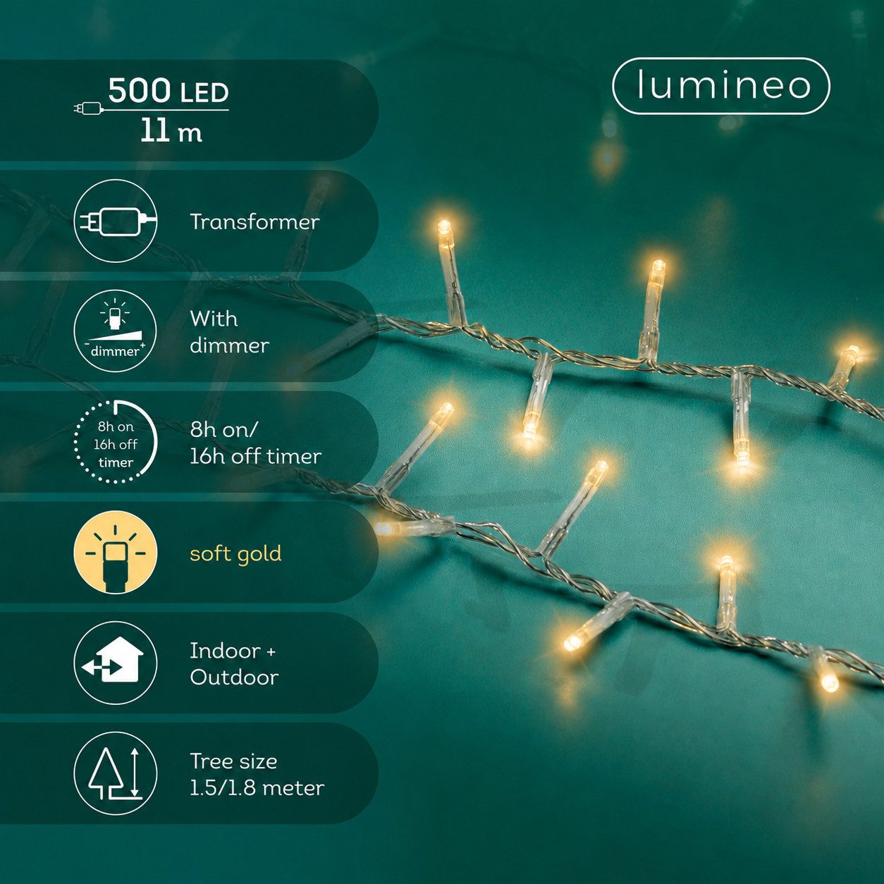Lumineo LED-Lichterkette Lumineo Lichterkette COMPACT 500 LED 11 m Soft Gold, transp. Kabel, Indoor/Outdoor, dimmbar, 8h-Timer, 5 m Zuleitung – Bild 2 von 5