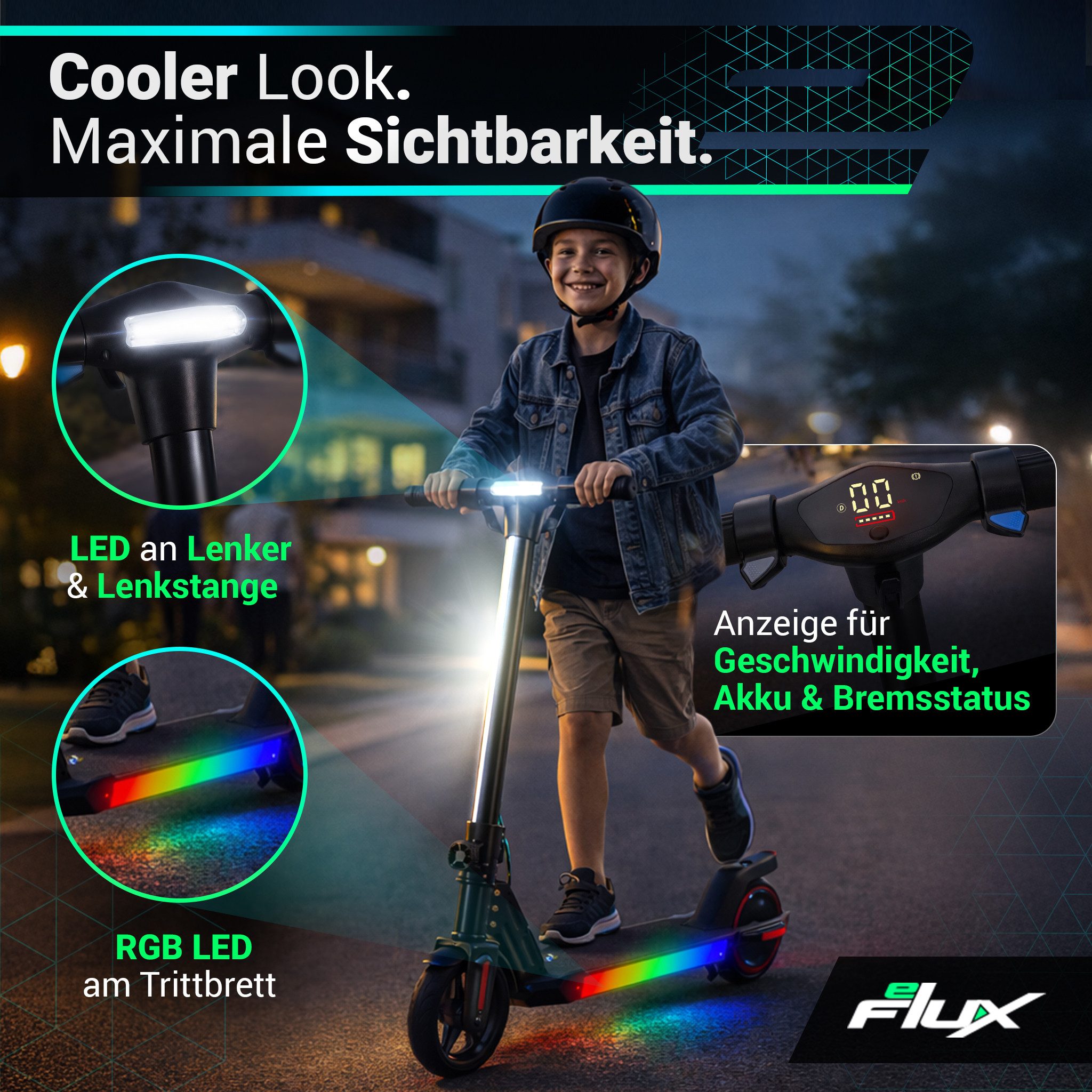 eFlux Elektro-Kinderroller Kids K1 E-Scooter bis zu 16 km/h ab 6 Jahren, Escooter für Kinder, E Roller für Kinder, E scooter