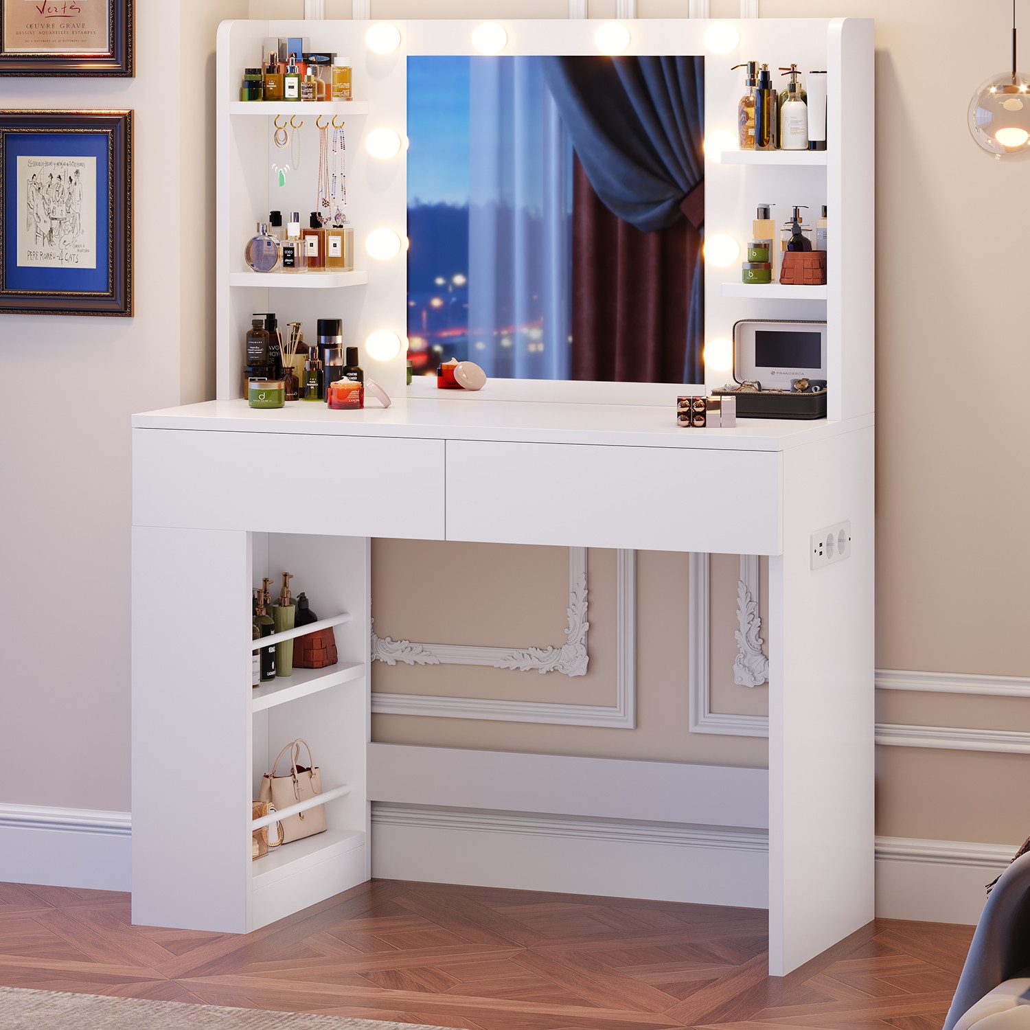 HOMALL Schminktisch Mit dreifarbiger LED-Beleuchtung, Helligkeit einstellbar (Länge × Breite × Höhe) 90 × 40 × 137 cm, mit Steckdose und 2 USB-Anschlüssen, seitliche Schränke links und rechts austauschbar, 8 offene Ablagefächer, 2 Schubladen, 4 Schmuckhak