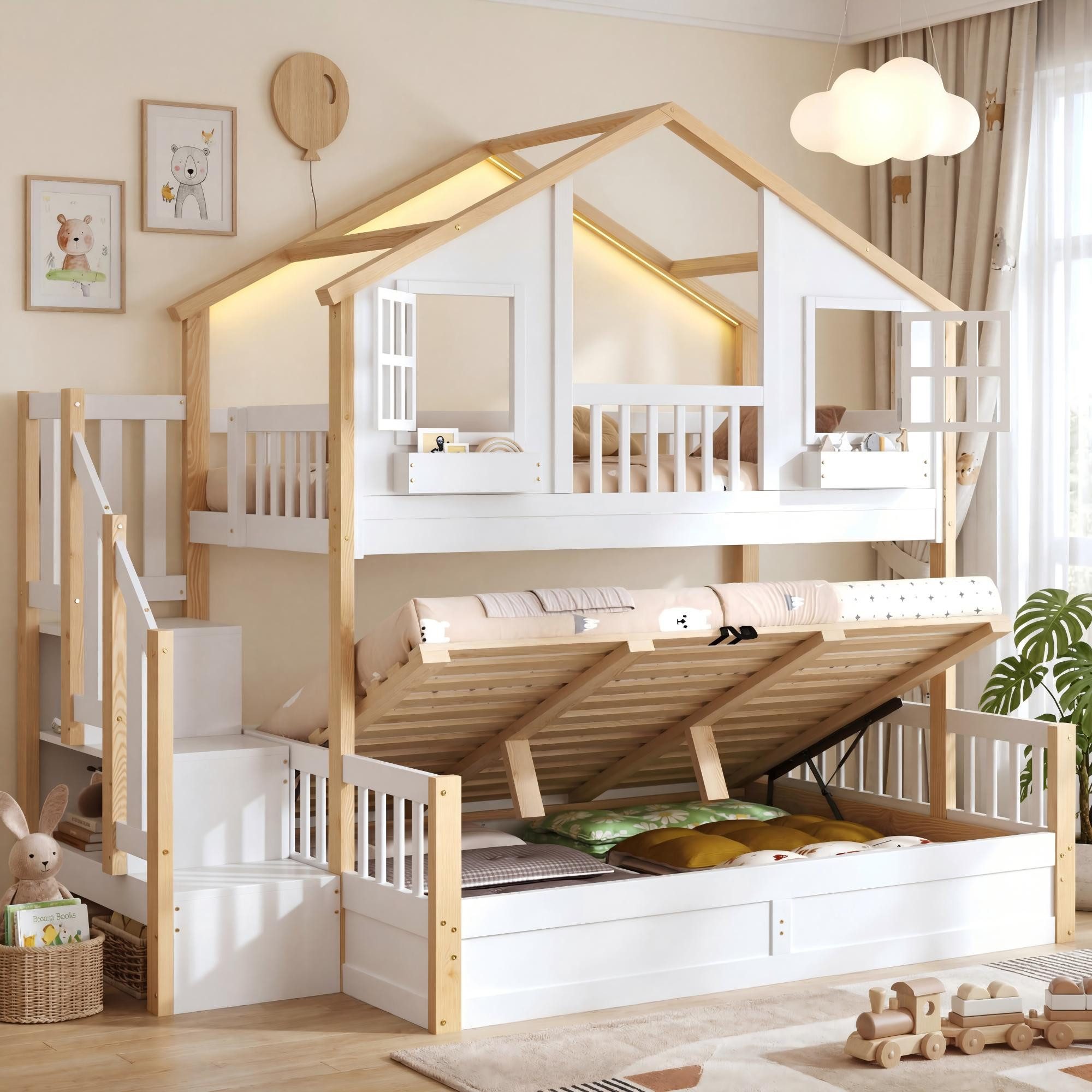 REDOM Etagenbett Mit hydraulischem Unterbett, LED & Stauraumtreppe (Packung, 1-St., 90x200+140x200 cm, Weiß/Natur, Massivholz), Hausbett in Fenster-Form, Hochbett für Kinder(ohne Matratze)