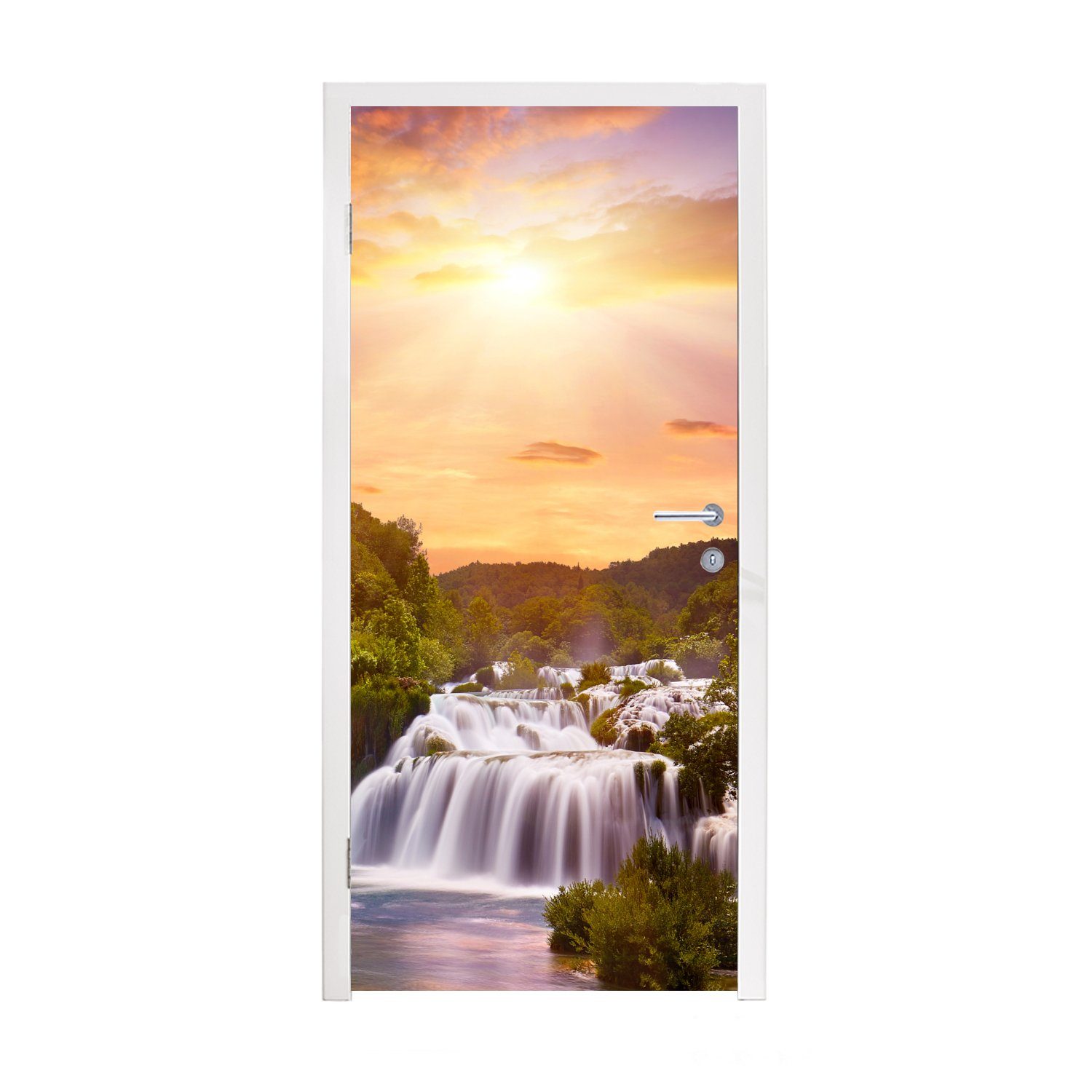 MuchoWow Türtapete Wasserfall - Landschaft - Sonne - Wolken - Sonnenuntergang, Matt, bedruckt, (1 St), Fototapete für Tür, Türaufkleber, 75x205 cm | Türtapeten