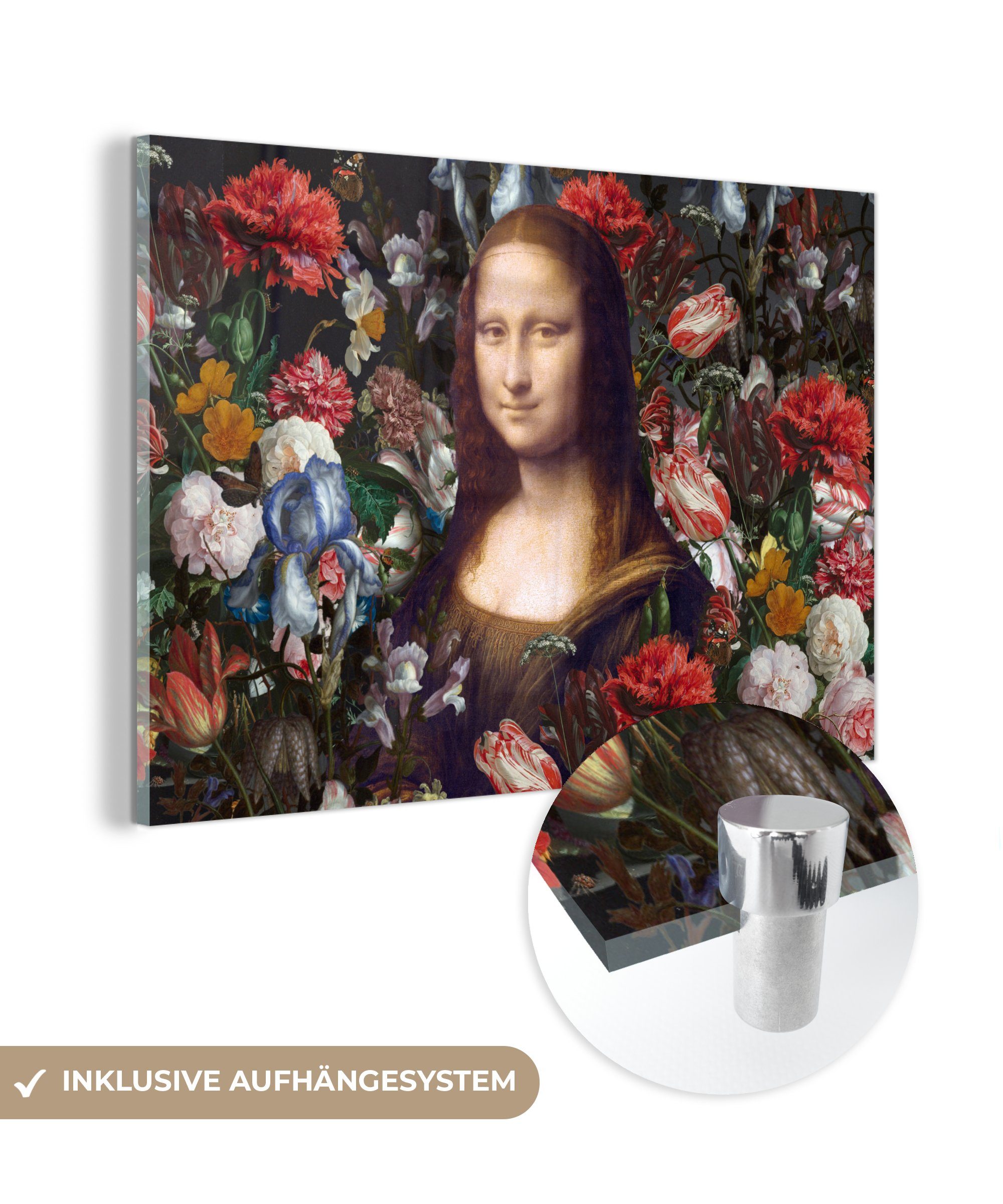 MuchoWow Acrylglasbild Mona Lisa - Leonardo da Vinci - Blumen, (1 St), Acrylglasbilder Wohnzimmer & Schlafzimmer bunt