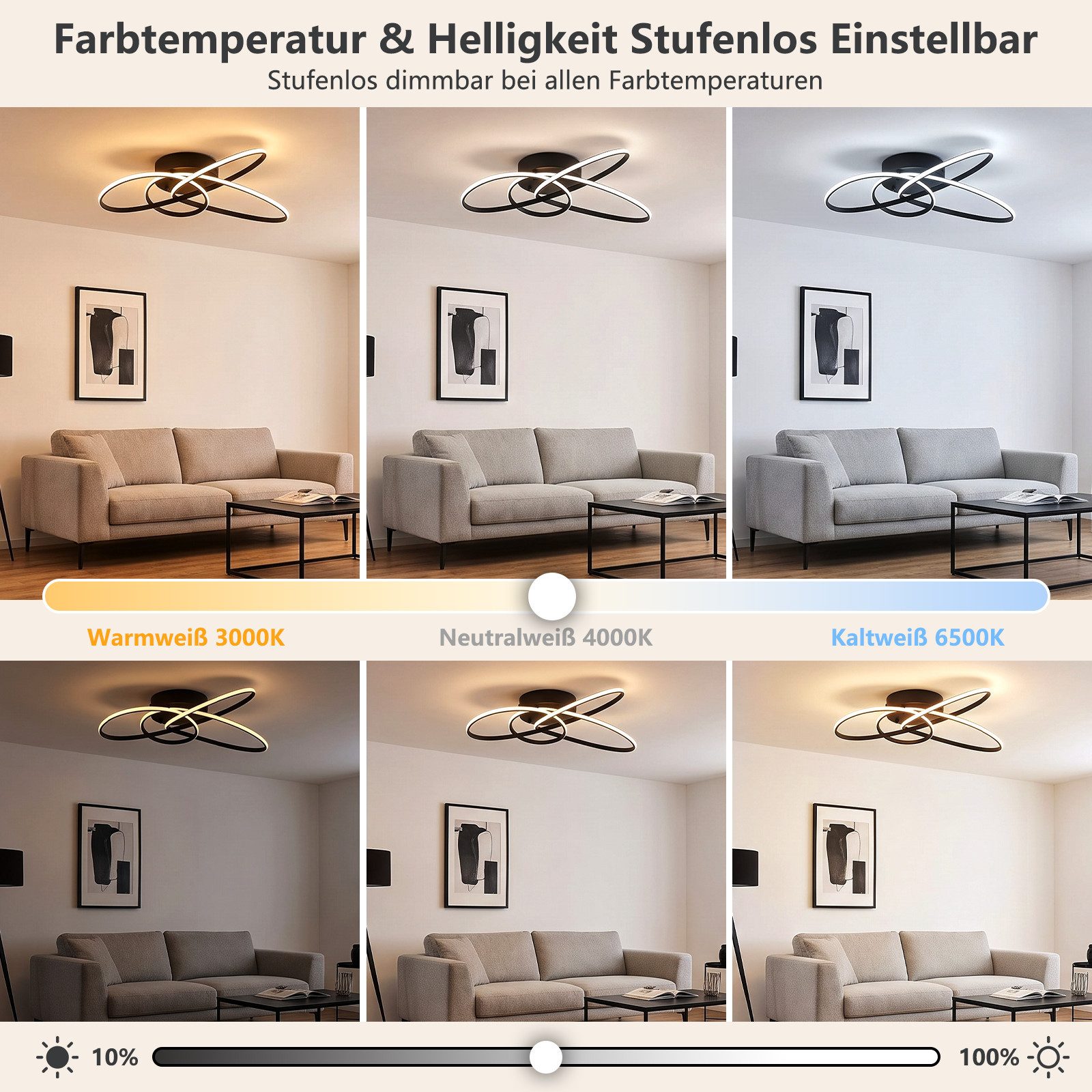 Nettlife LED Deckenleuchte Schwarz/Weiß Modern Dimmbar Deckenlampe mit Fernbedienung, LED fest integriert, warmweiß, für Schlafzimmer Wohnzimmer Küche Deckenlam – Bild 2 von 5