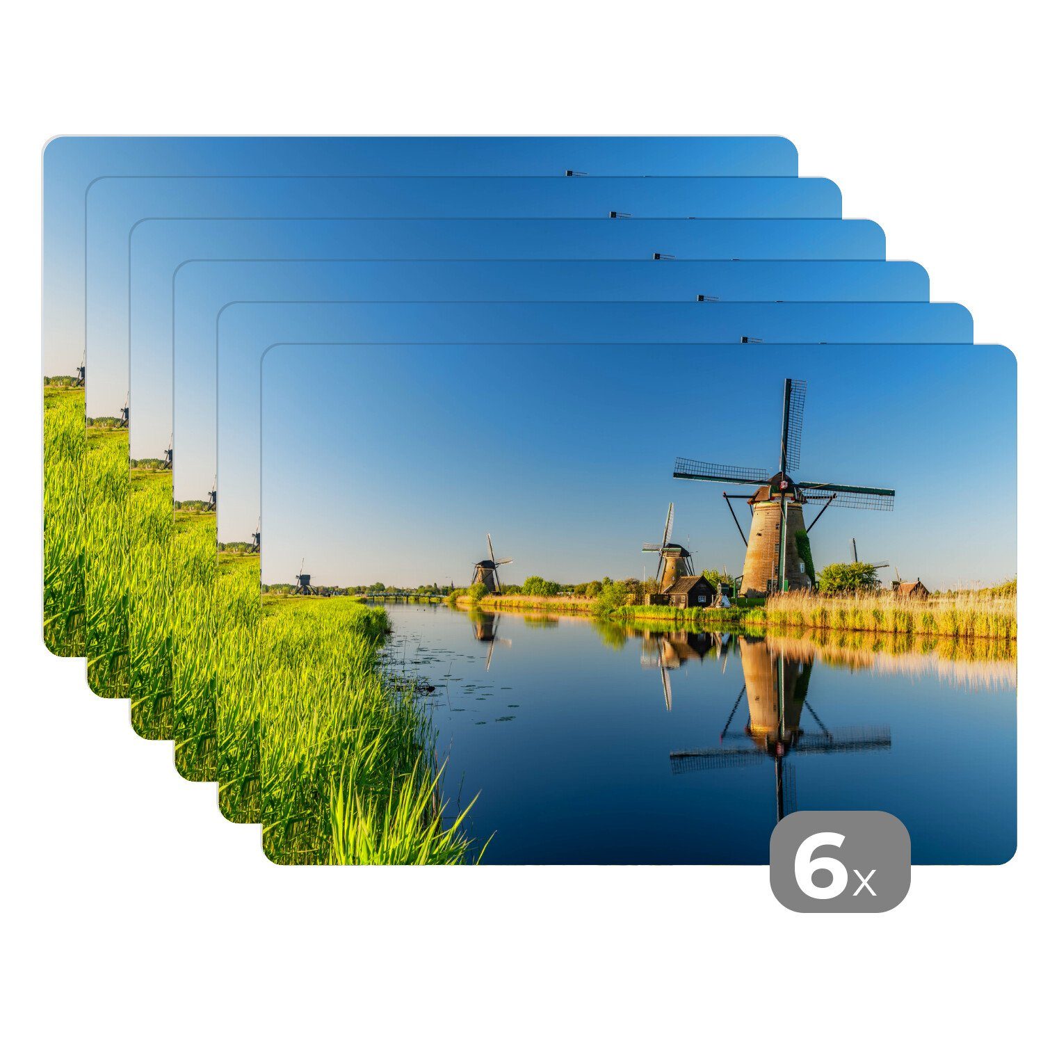Platzset, Mühle - Wasser - Spiegelung - Niederlande, MuchoWow, (6-St), Platzset, Platzdecken, Platzmatte, Tischmatten, Schmutzabweisend