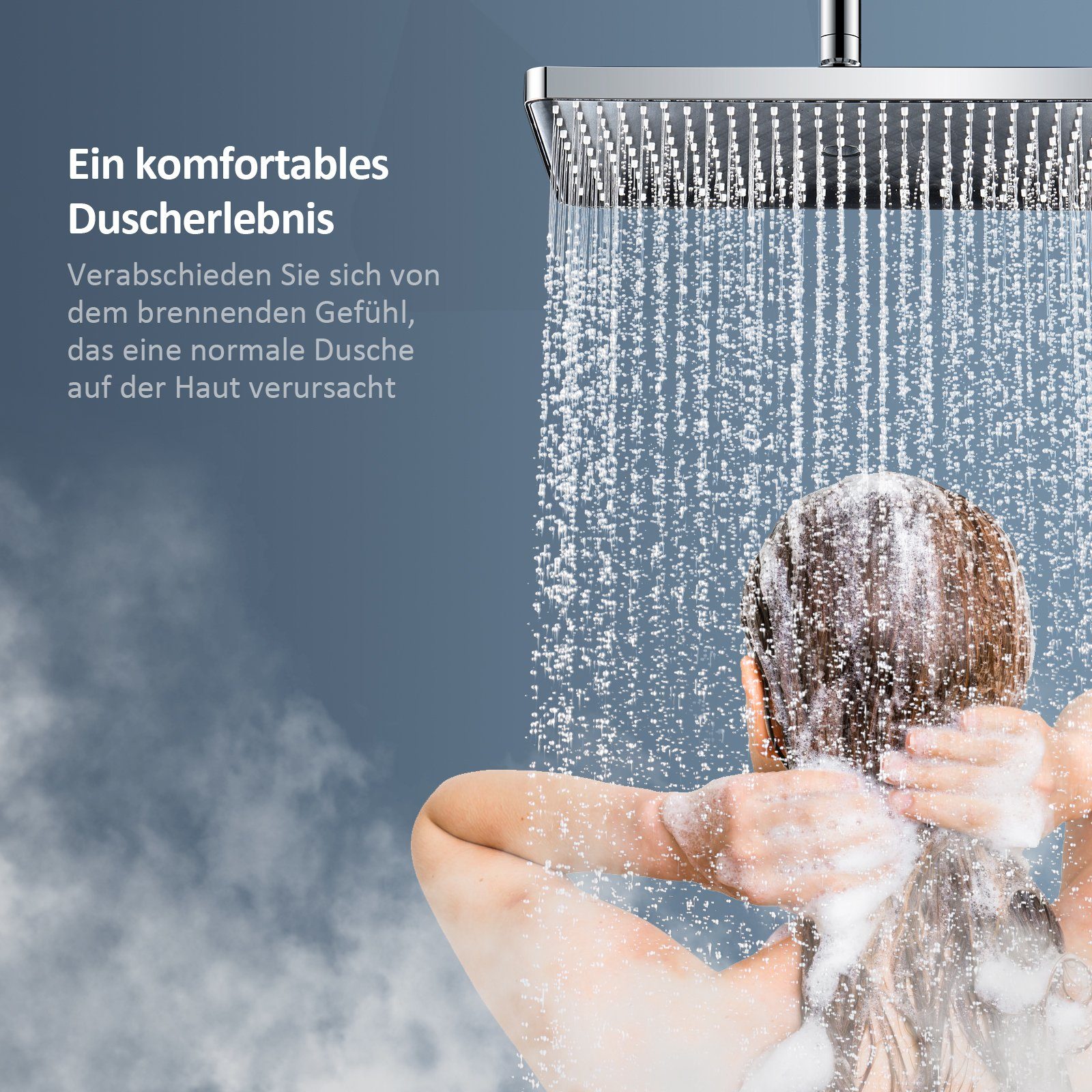 EMKE Duschsystem EMKE Duschsystem eckig mit Regendusche, Kopfbrause und Thermostat, Höhe 82 cm, 3 Strahlart(en), Wasserfall-Auslauf, Duschsäuleset Duschgarnitur mit glasablage