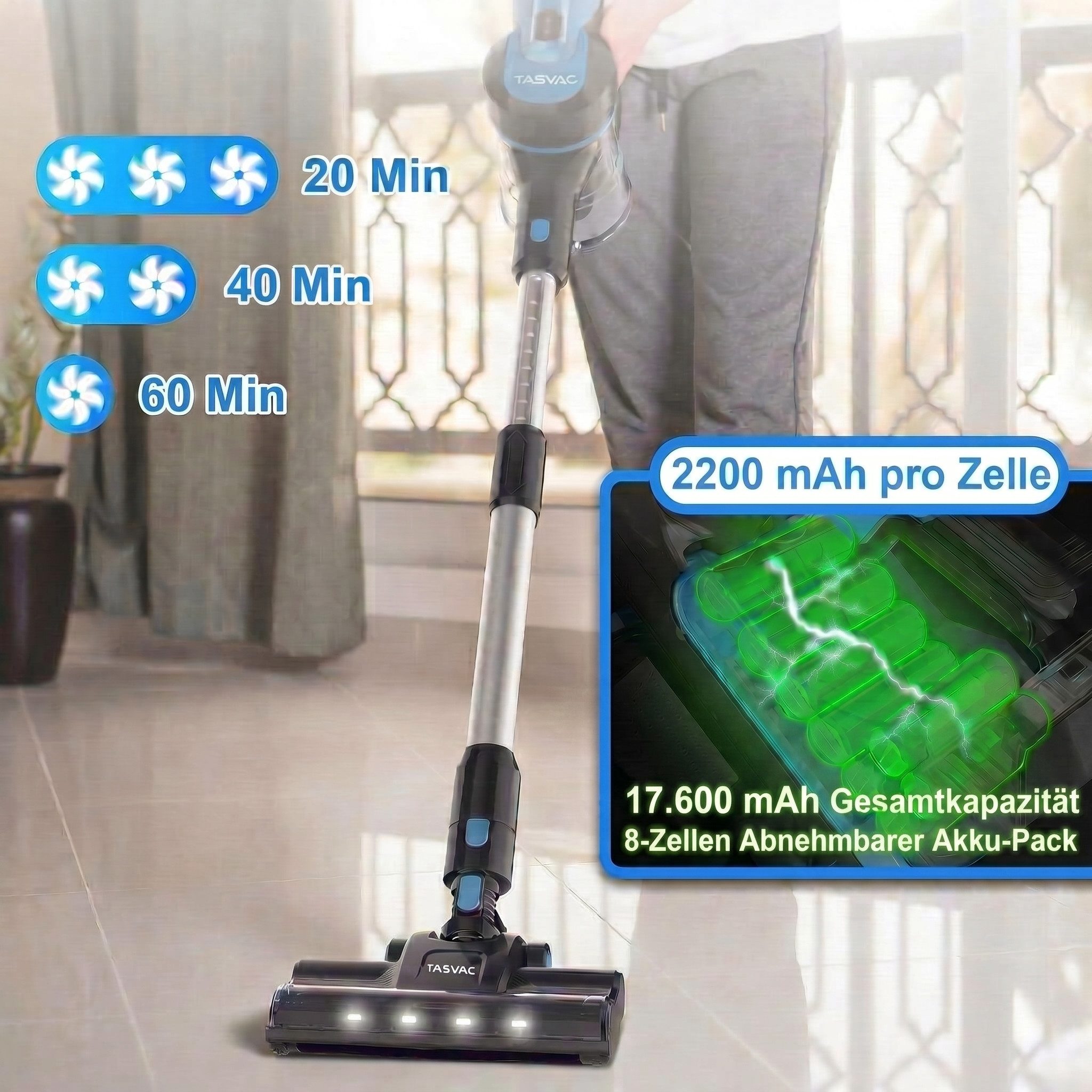 TASVAC Akku-Hand-und Stielstaubsauger Akku Staubsauger 80000Pa/60Min/1,7 L Staubsauger Kabellos, mit Beutel, 50dB leise/5-Stufen-Filter/LED Display, Ideal für Böden/Teppiche/Auto