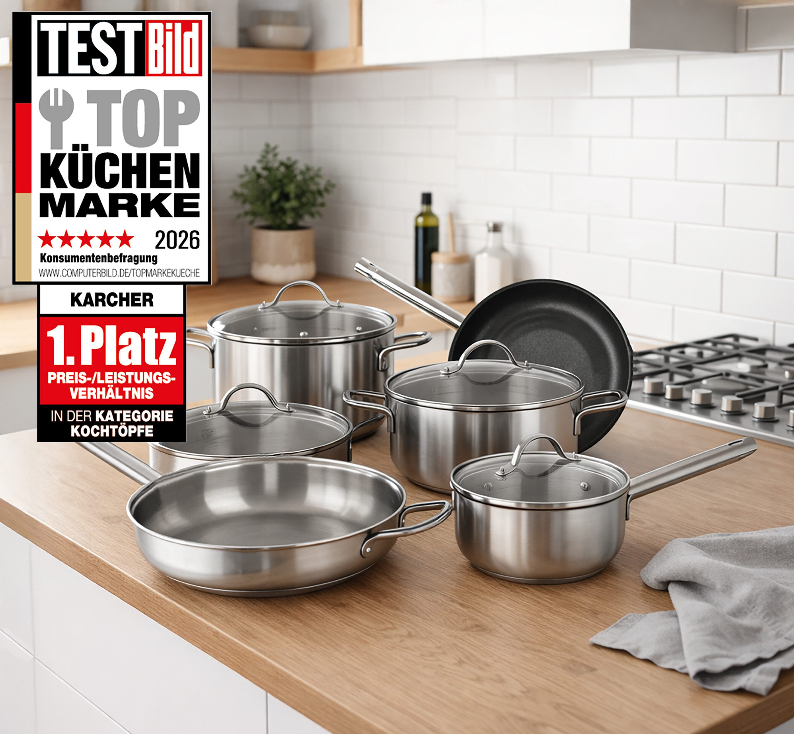 Karcher Topf-Set Jovita, Edelstahl (10-tlg), inkl. 4 Glasdeckel, integrierte Literskala, Induktion