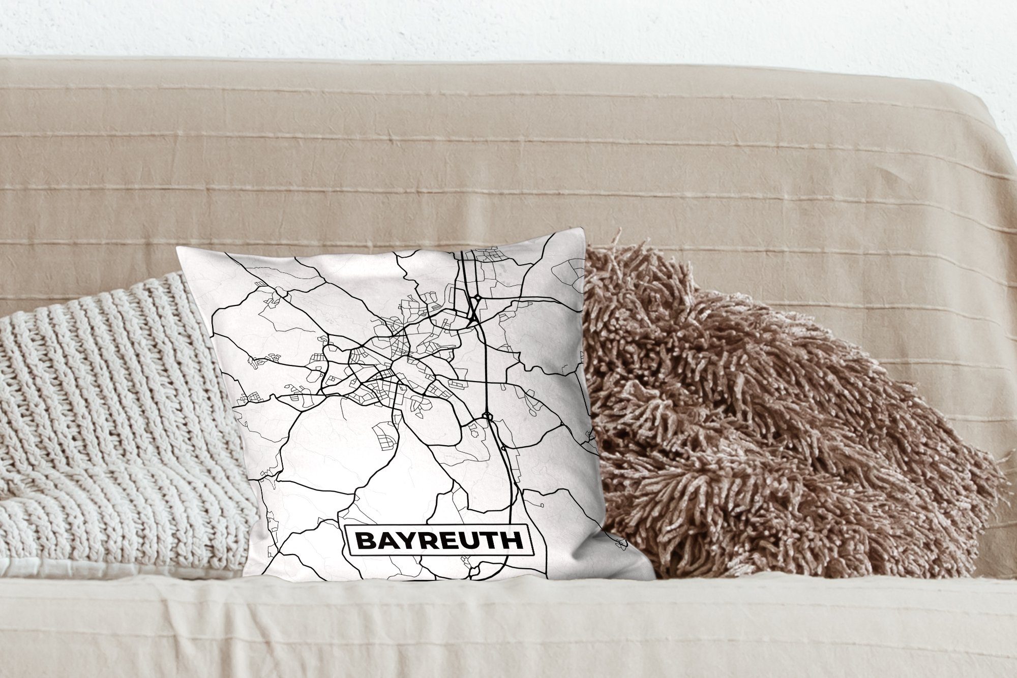 MuchoWow Dekokissen Bayreuth Sofakissen - Karte Schlafzimmer, Füllung Wohzimmer, für Zierkissen - mit Deko, Stadtplan