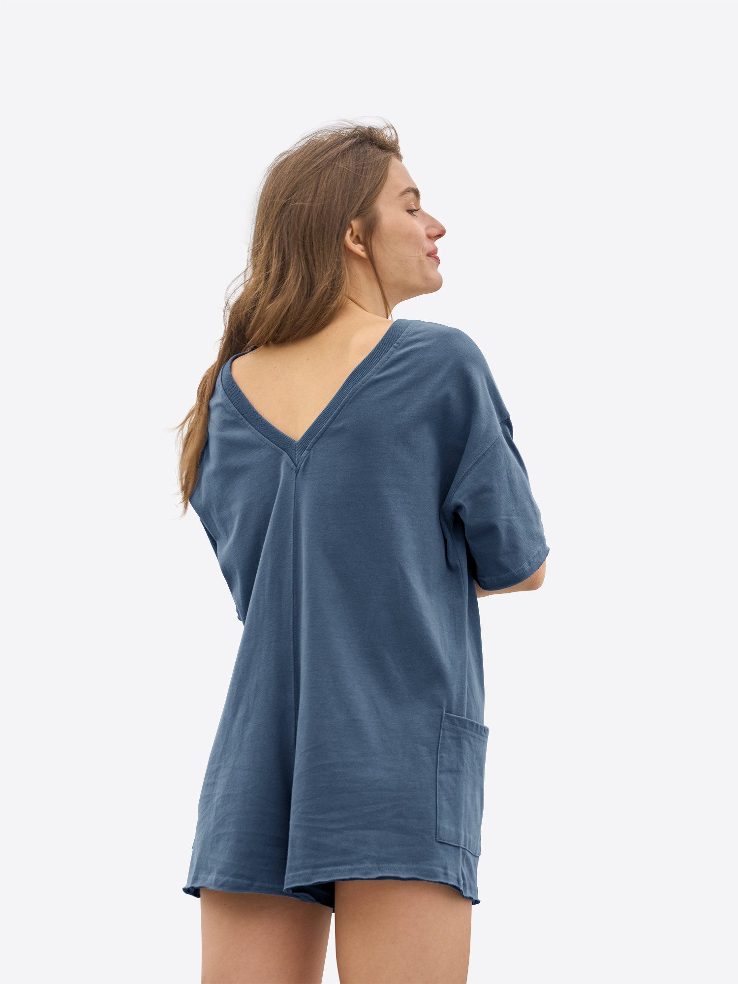 Imily Bela Jumpsuit Damen Hausanzug Rundhals Halbarm Eingrifftaschen Loose Loungewear (Packung, 1-tlg., 1per-Pack) aus Baumwolle mit Rücken-V-Ausschnitt in Unifarbe