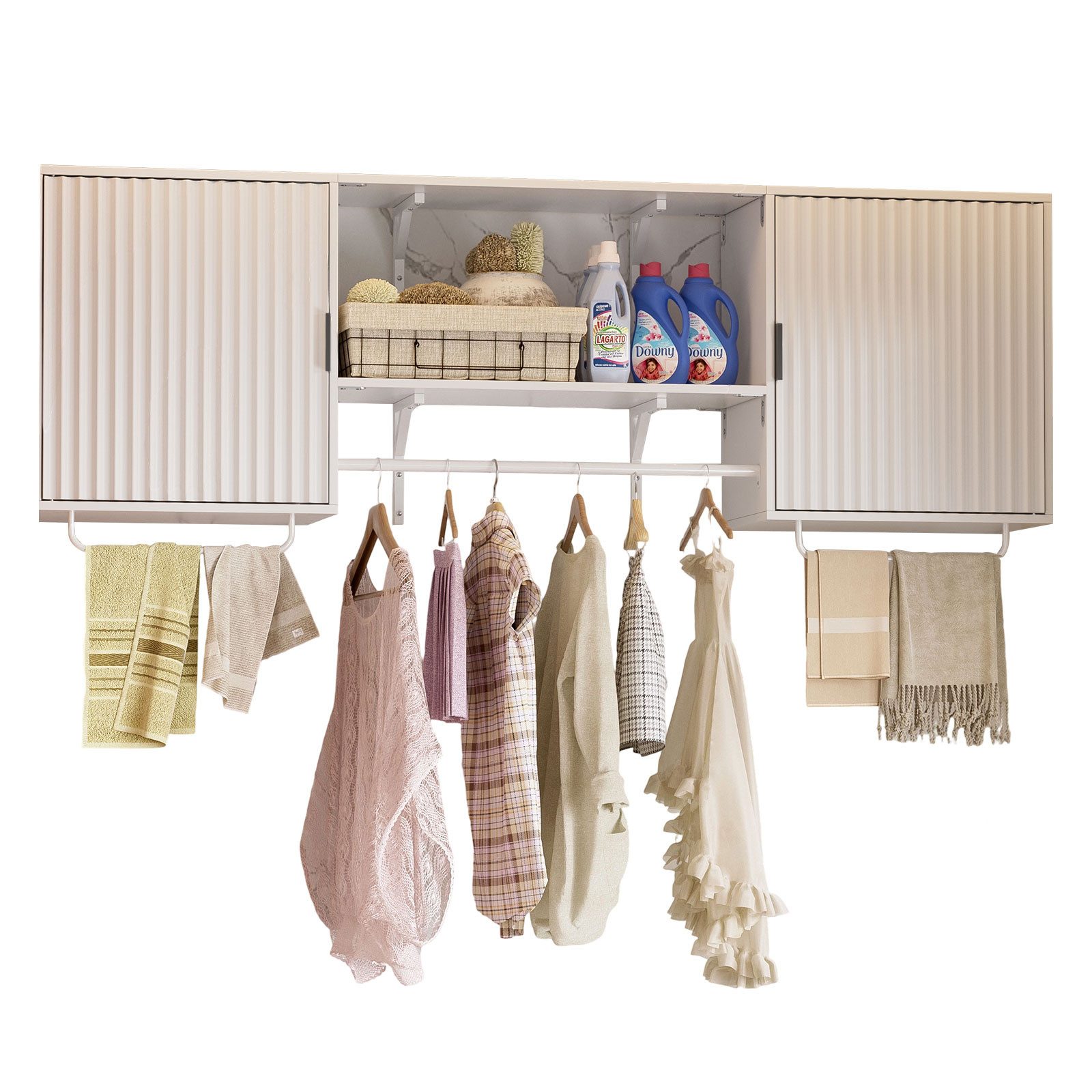 TWSOUL Hängeschrank 2 Türen & Hängestangen offenes Fächer Flexibel montierbar 166*53cm bis 136kg, Badmöbel Badschrank Schrank, für Schlafzimmer, Garage