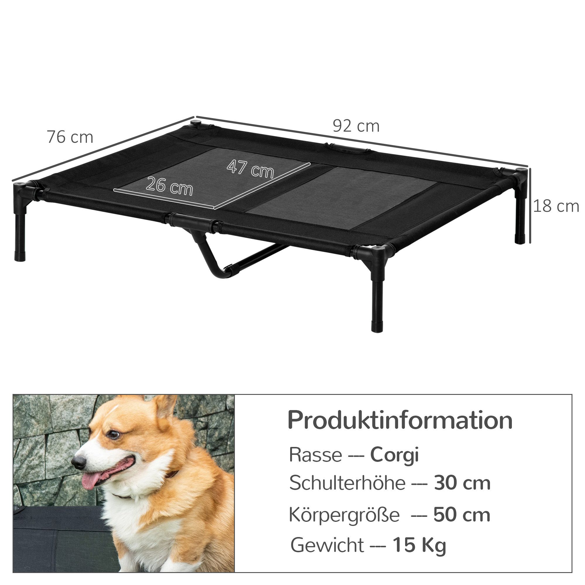 PawHut Tierbett Schlafplatz, Hundesofa, Katzenbett, Oxford-Gewebe, Texteline-Netz, für Garten, Balkon, Schwarz