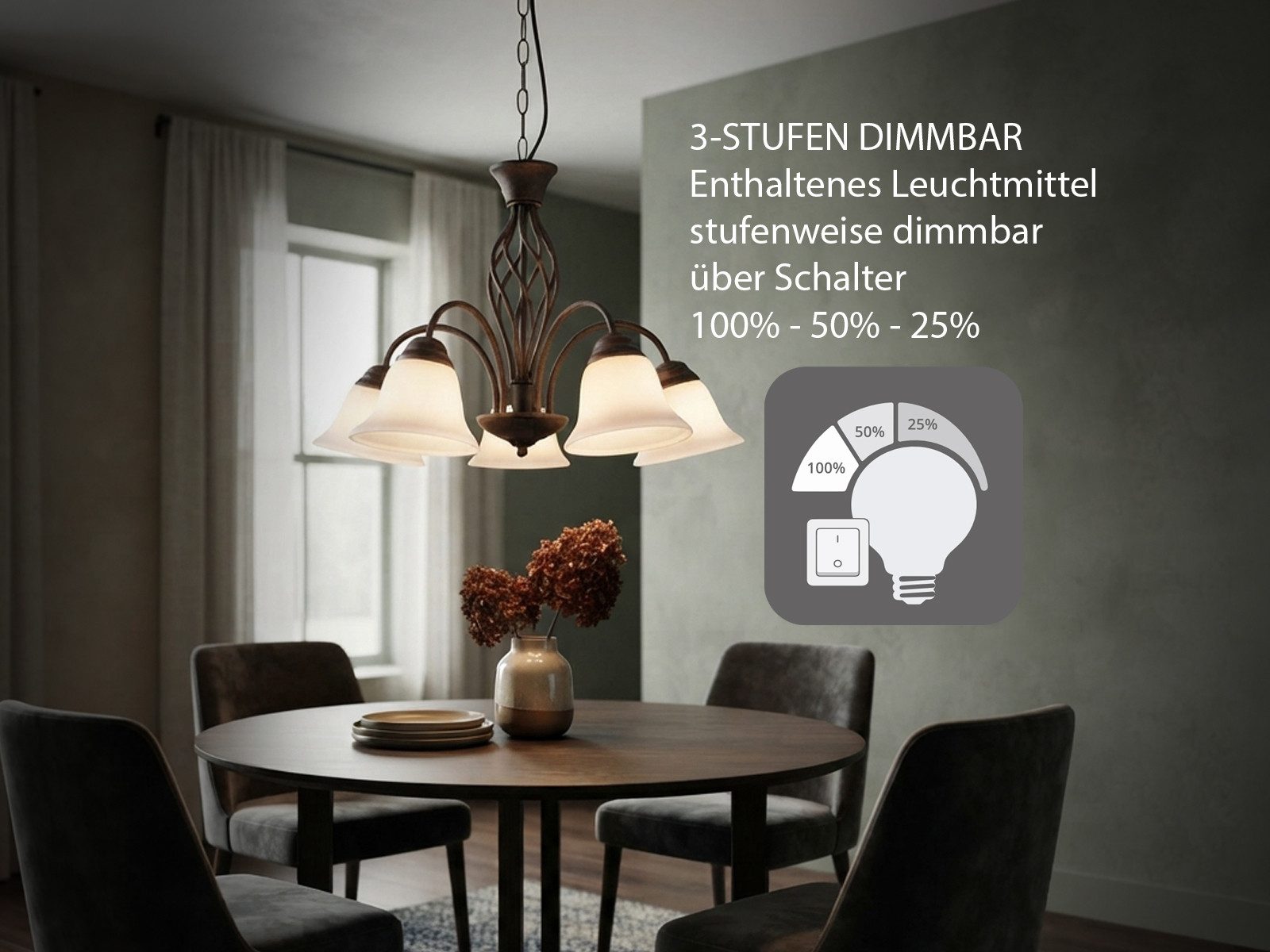 TRIO Leuchten LED Pendelleuchte 5-flammig Ø 60cm inkl. E14 LEDs, LED wechselbar, Warmweiß, große Landhausstil Esstisch-Lampe, Esszimmerlampe hängend – Bild 4 von 5