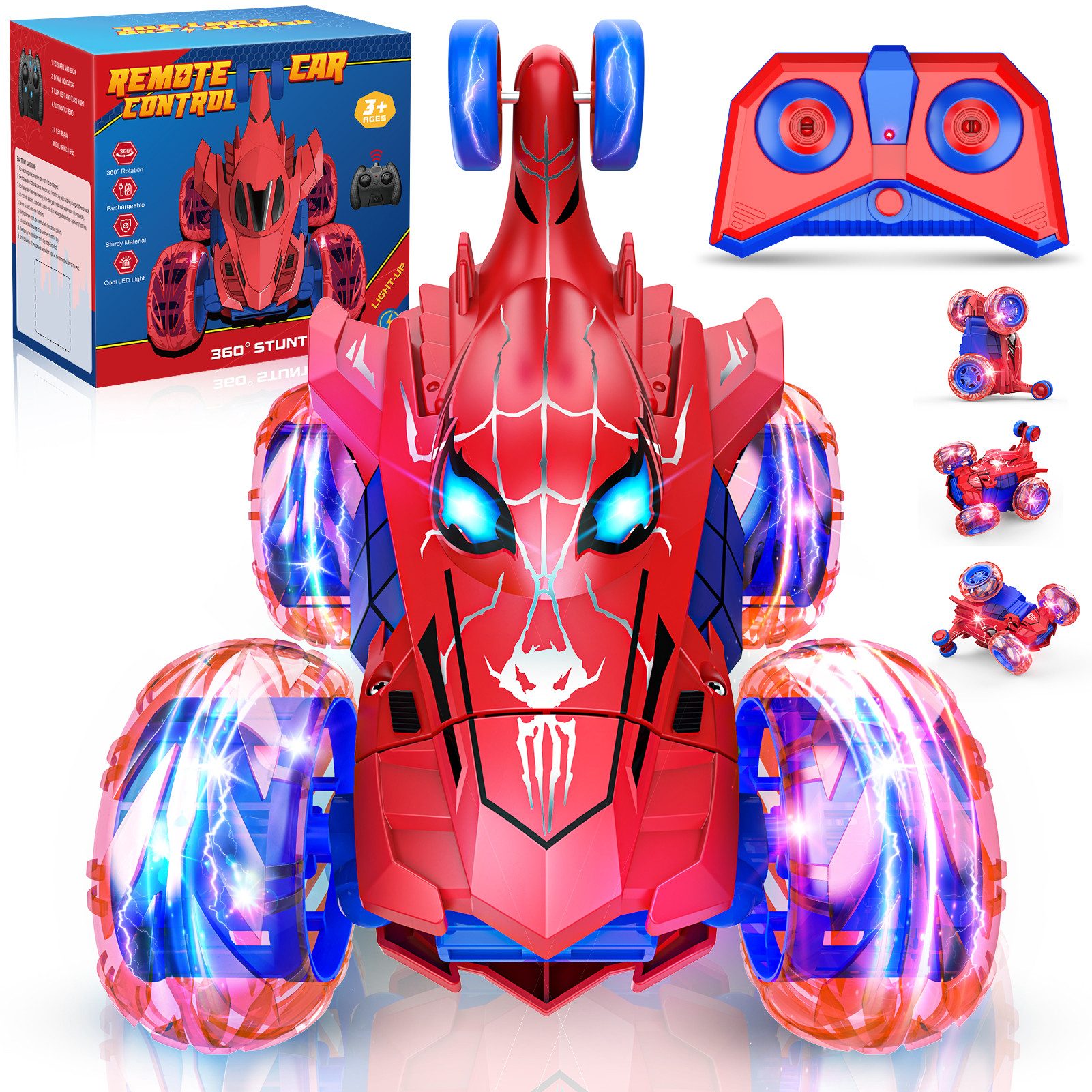 Wootoy RC-Auto Ferngesteuertes Auto Kinder RC Monstertruck Spider Offroad RC Auto (mit 360°-Drehfunktion große Räder und LED-Beleuchtung, 1-tlg., Elastische Gummireifen und robuste Verarbeitung), USB-Direktaufladung mit Akku für bis zu ca. 60 Minuten Fahrzeit