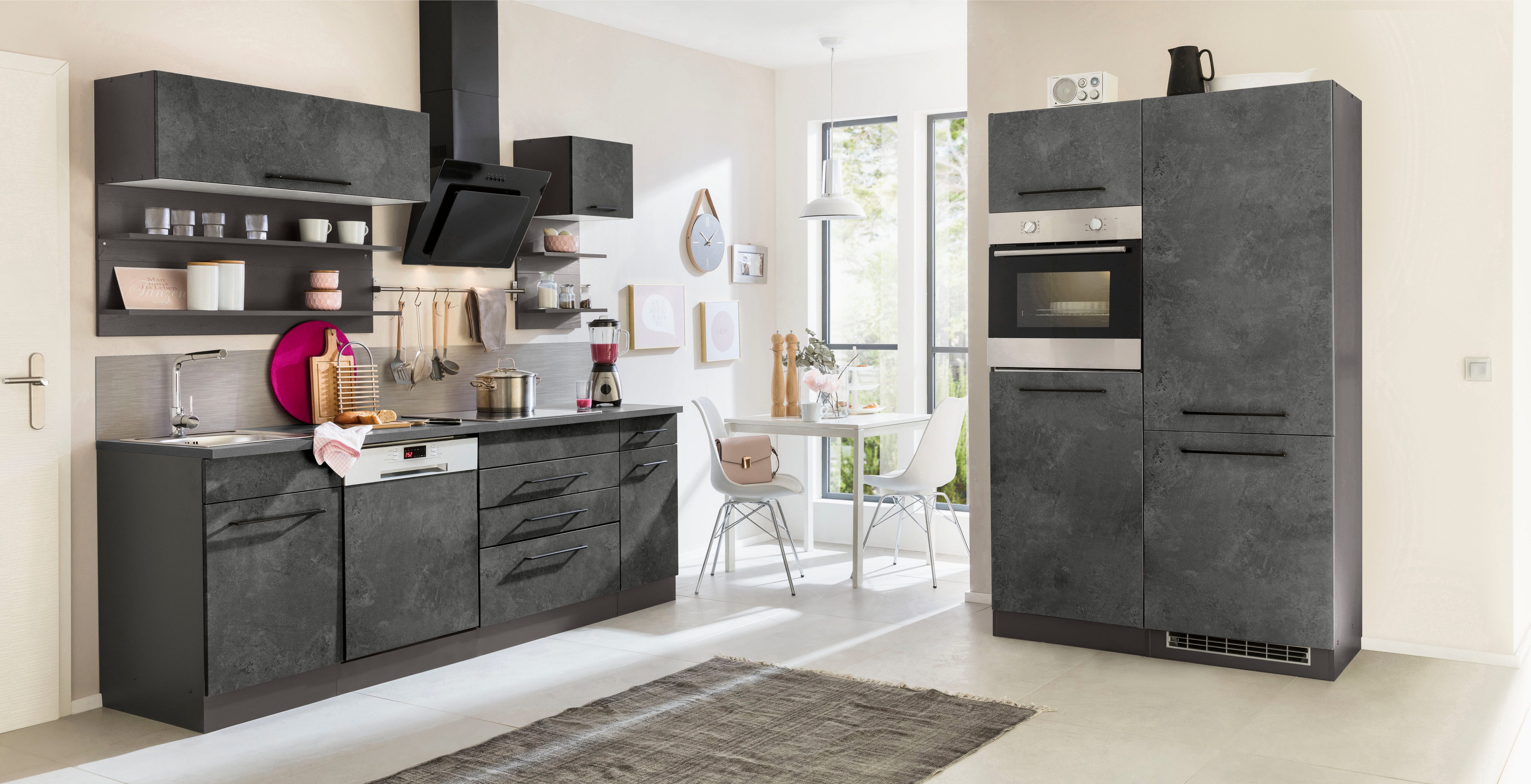 KOCHSTATION Küchenzeile KS-Tulsa, mit E-Geräten, Breite 350 cm, schwarze Metallgriffe, MDF Fronten
