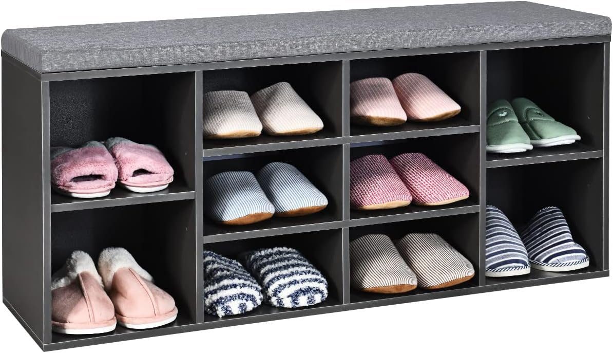 KOMFOTTEU Schuhschrank Schuhablage mit Sitzkissen, mit 10 Ablageflächen Grau