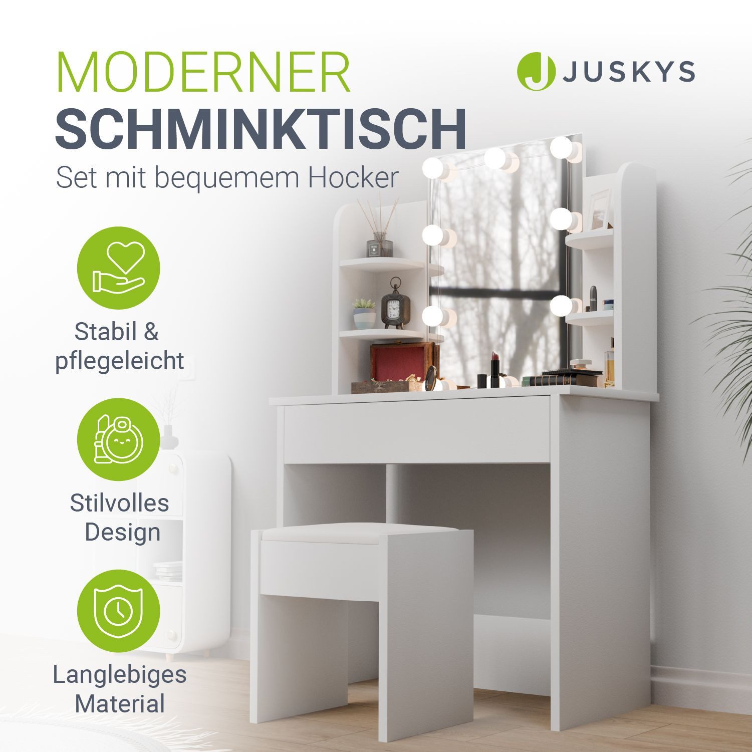 Juskys Schminktisch Zoey, LED-Beleuchtung, inklusive Hocker, viel Stauraum, günstig online kaufen