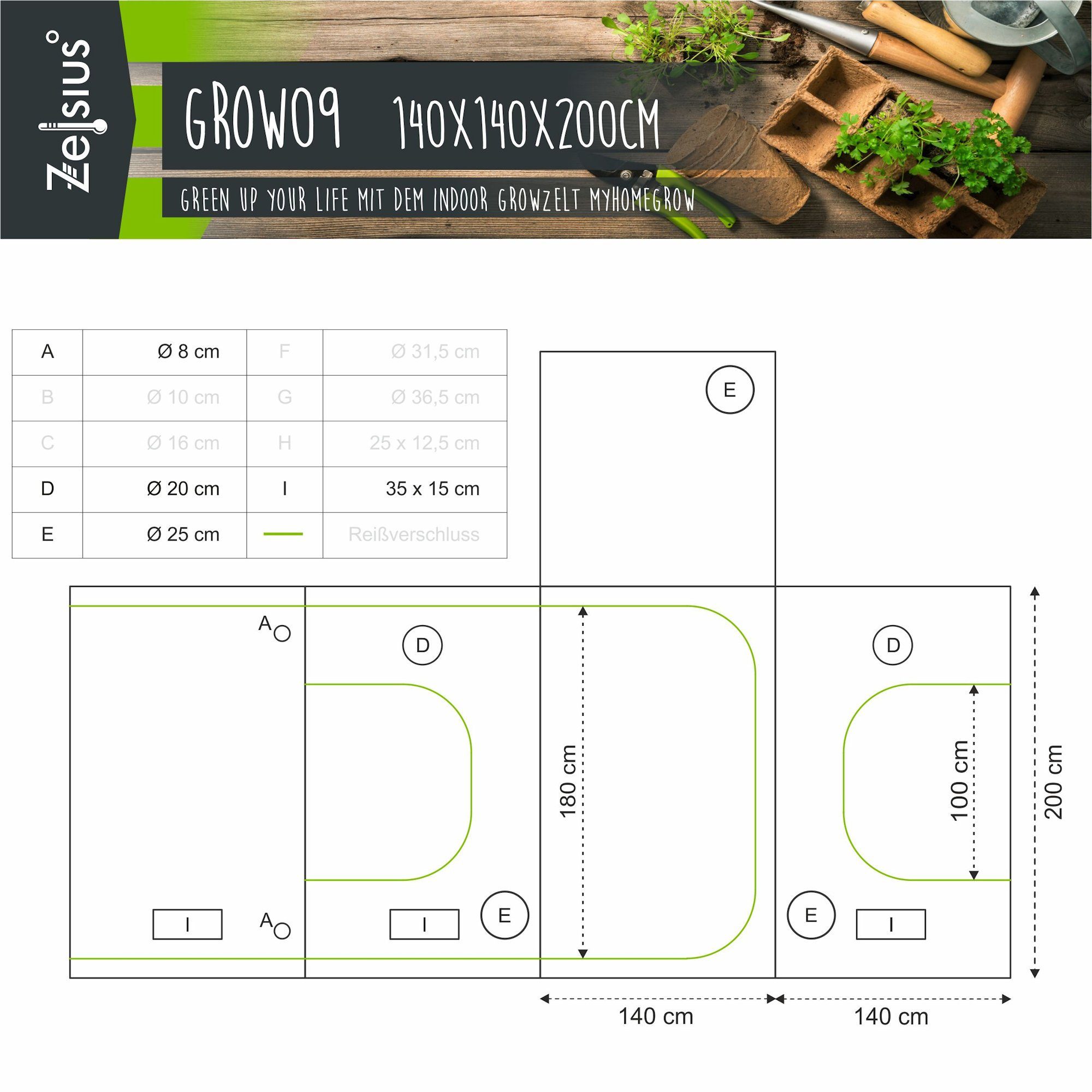 Thumbnail - Zelsius Gewächshaus Grow Tent 140 x 140 x 200 cm schwarz/grün Pflanzenzucht Indoor