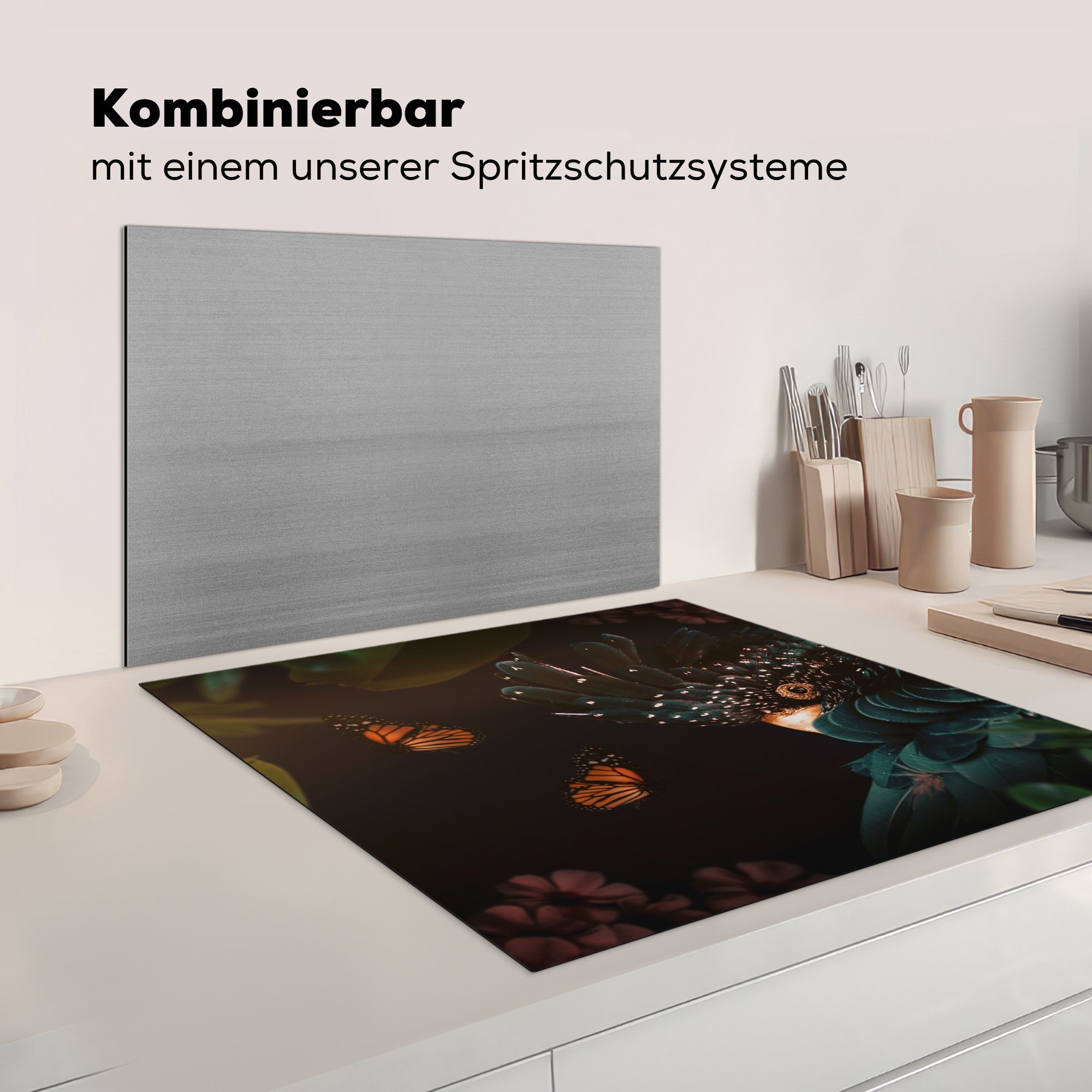 Herdblende-/Abdeckplatte Arbeitsplatte cm, für küche Vinyl, (1 Schmetterlinge tlg), Dschungel, Pflanzen Ceranfeldabdeckung, MuchoWow 78x78 - -