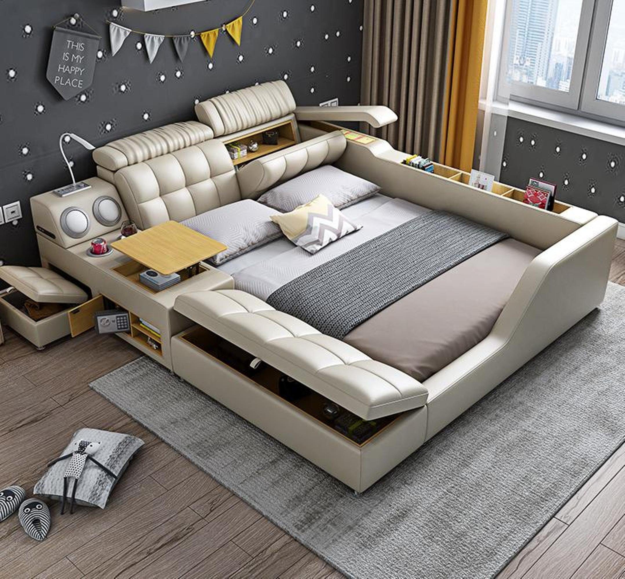 JVmoebel Bett Doppelbett Polsterbett Multifunktion Beige Schlafzimmer 180x200cm Bett