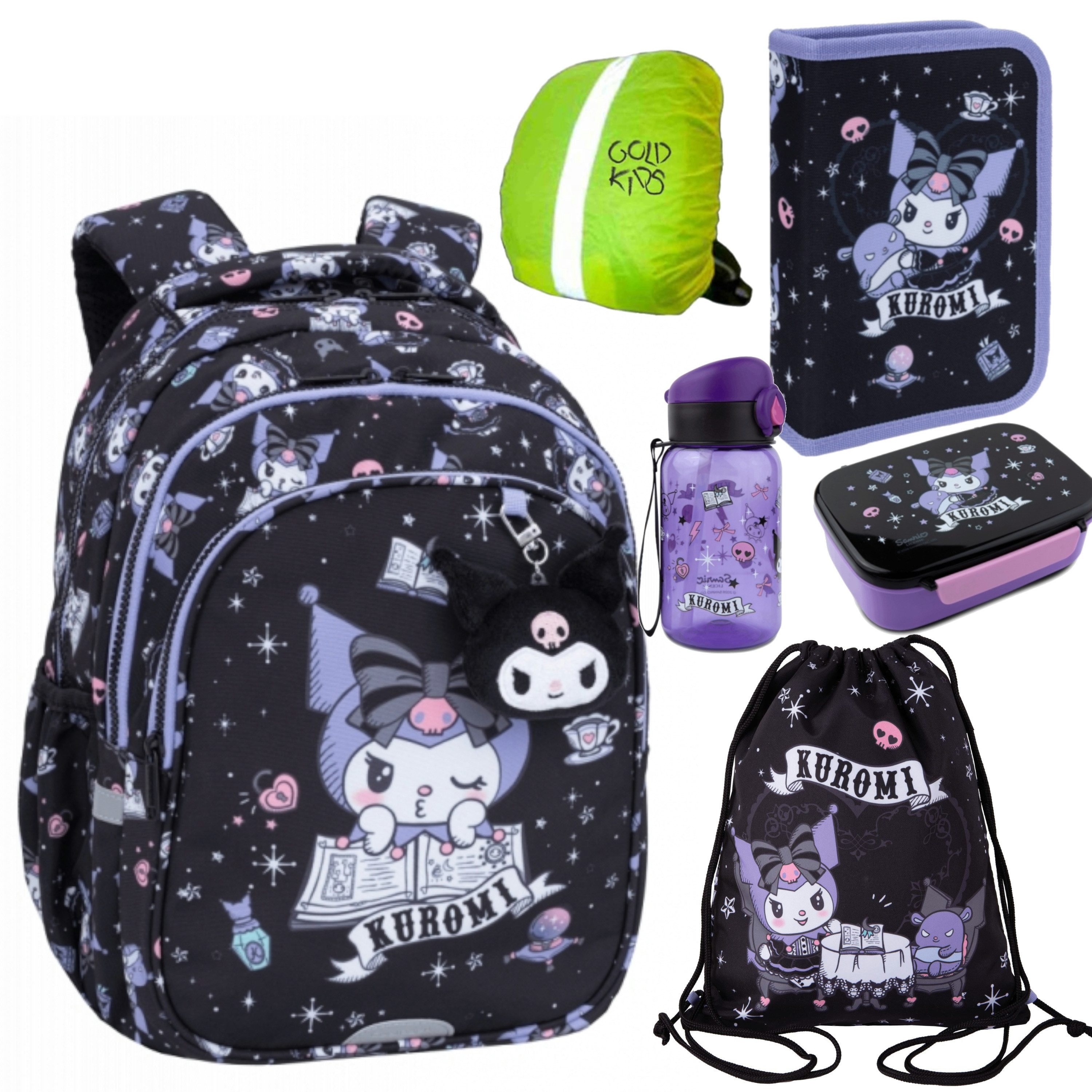 GOLDKIDS Schulranzen für Jungen und Mädchen, 6er-Set - (Schul-Rucksack für Kinder mit Federmäppchen -, 1-tlg., Schuhbeutel und Regenschutz), - Kuromi Motiv