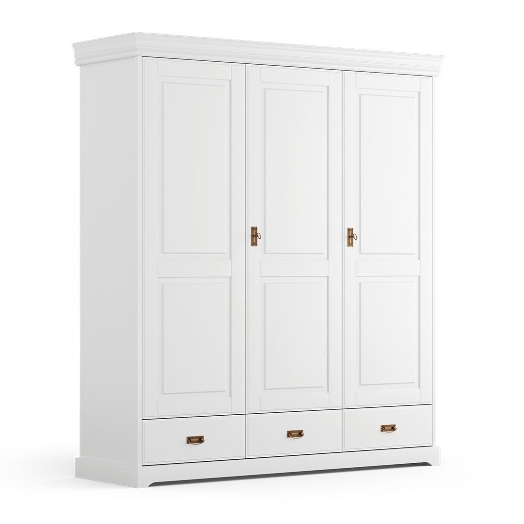 Feldmann-Wohnen Drehtürenschrank Toskania (mit Türen, mit Einlegeböden, mit Schubladen, 1-St., moderne Optik, mit Türen, mit Einlegeböden, mit Schubladen) Massivholz gebeizt / Kiefer weiß (RAL 9003) / 193cm