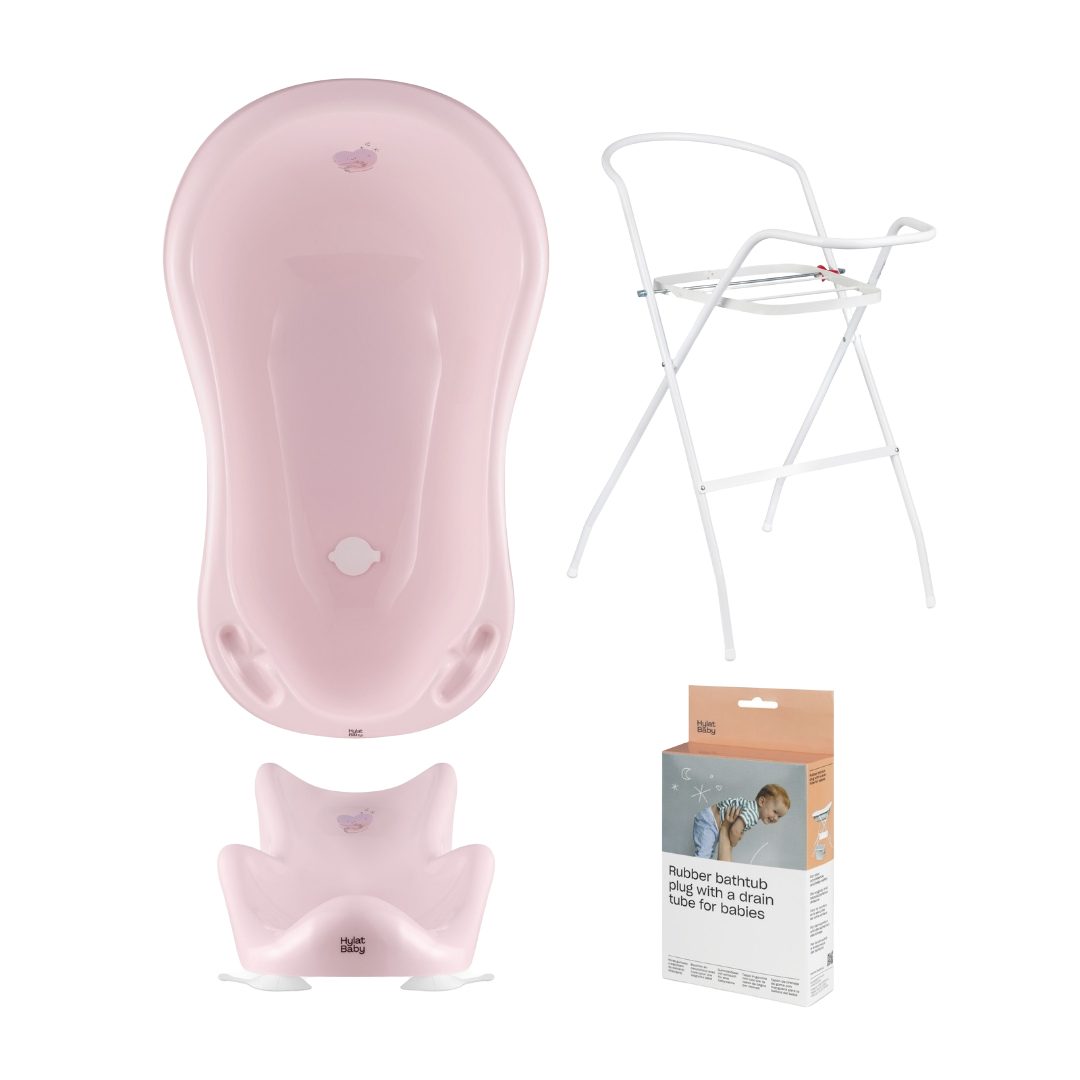Hylat Baby Babybadewanne Badewannen-Set mit TÜV – Wanne, Sitz, Ständer, Ablauf, 4-tlg. Baby Bade-Set mit TÜV & Ablauf, Hug me - Rosa