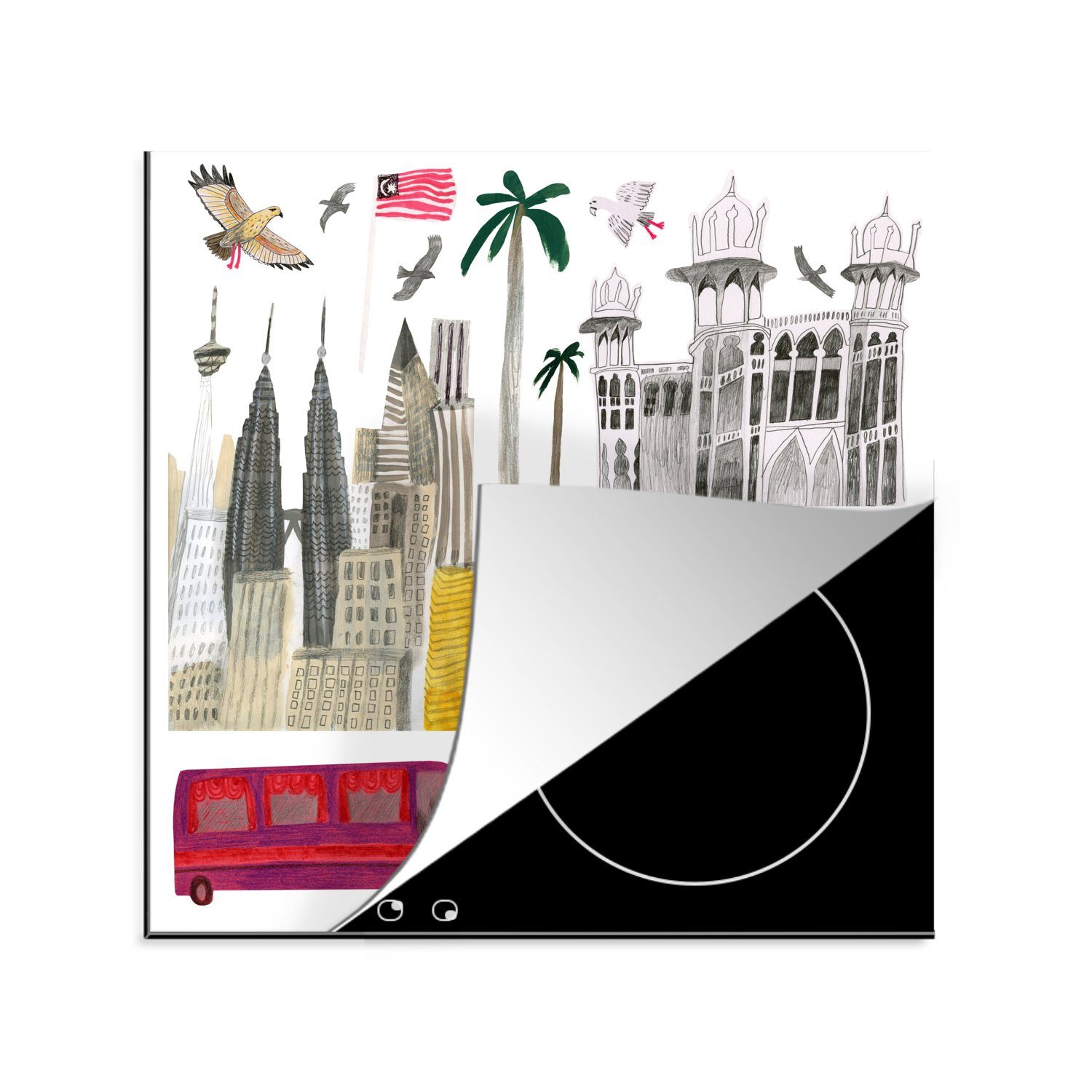 MuchoWow Herdblende-/Abdeckplatte Eine Illustration der Sehenswürdigkeiten von Kuala Lumpur, Vinyl, (1 tlg), 78x78 cm, Ceranfeldabdeckung, Arbeitsplatte für küche