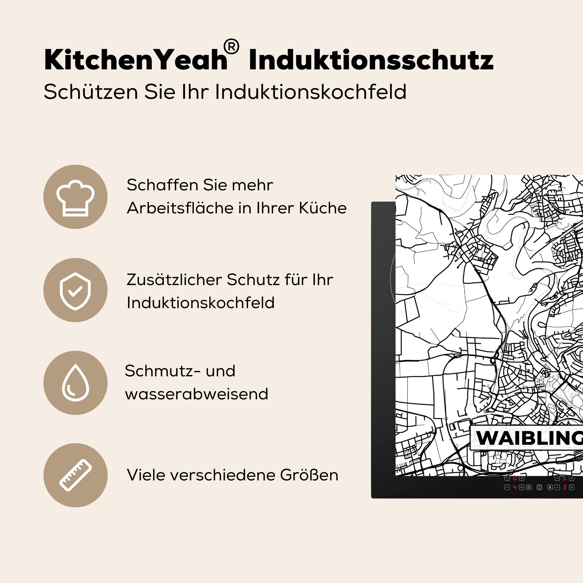 Karte Waiblingen küche - für 78x78 MuchoWow (1 Vinyl, Ceranfeldabdeckung, cm, - Herdblende-/Abdeckplatte tlg), Arbeitsplatte Stadtplan,