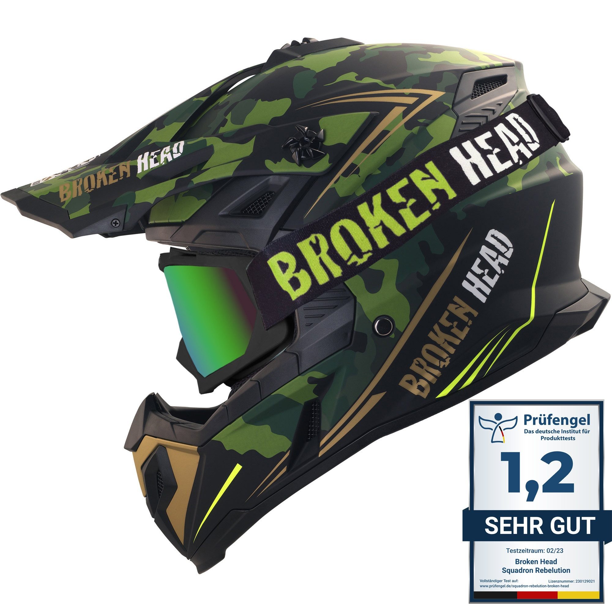 Broken Head Motocrosshelm Squadron Grün-Gold (Mit MX-2 Brille Schwarz), Zwei Verschlüsse