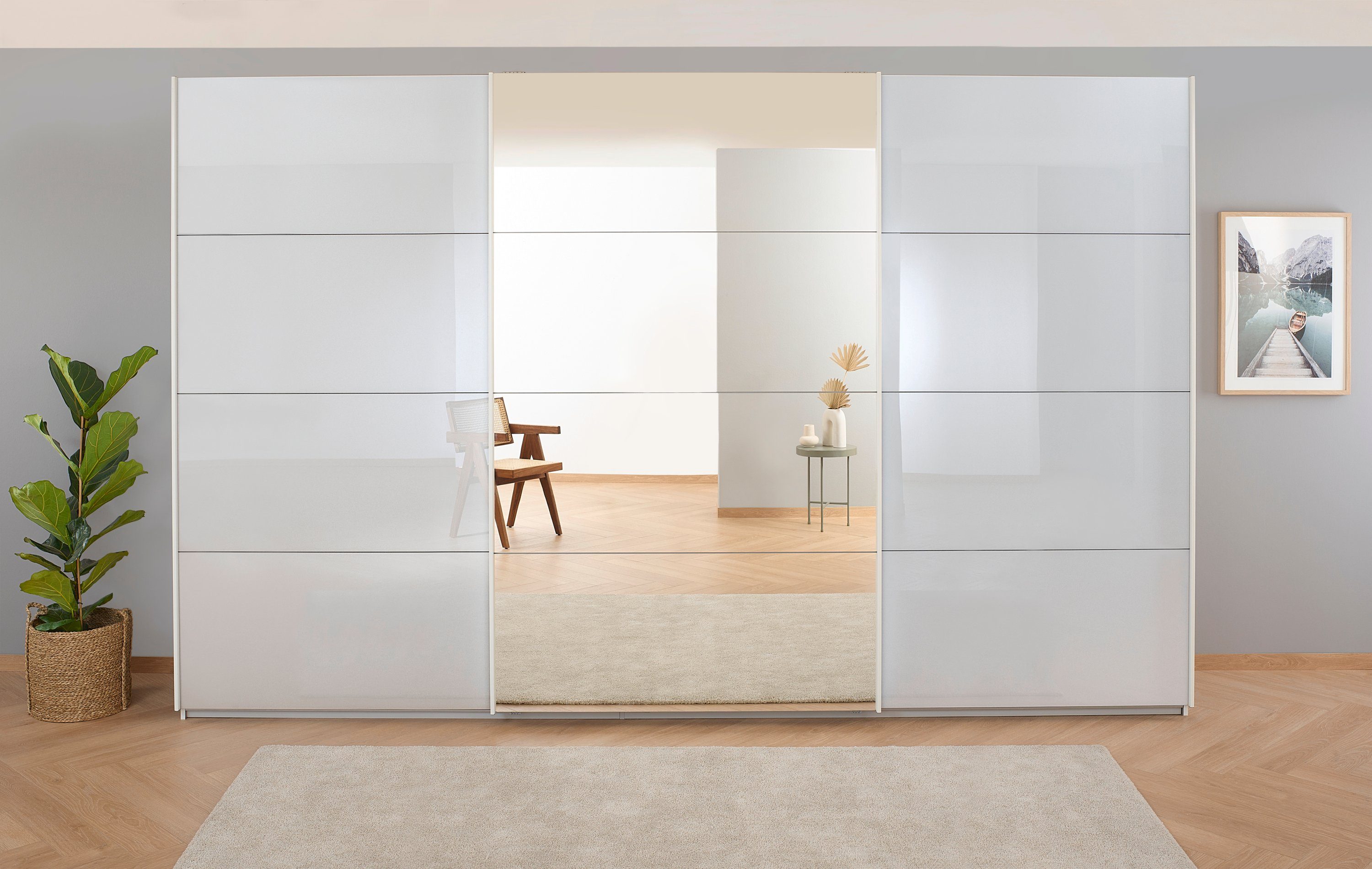 rauch Schwebetürenschrank Kleiderschrank Schrank Garderobe KOLUNA mit Glastüren und Spiegel inkl. 2 Innenschubladen sowie extra Einlegeböden MADE IN GERMANY