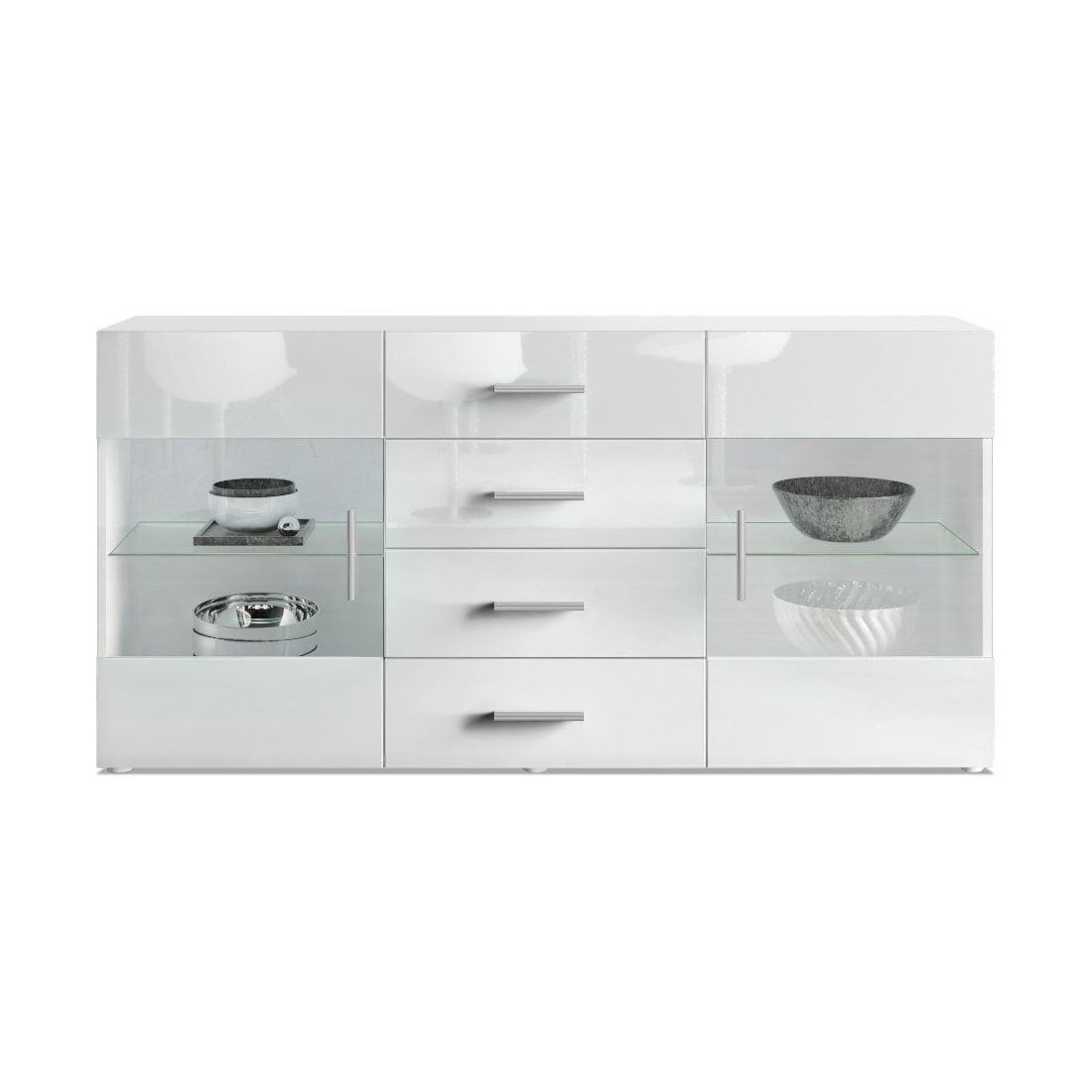 Vladon Sideboard Bari (Kommode mit 2 Türen, ​ 4 Schubladen und 2 flexible Glaseinlegeböden), Weiß matt/Weiß Hochglanz (139 x 72 x 35)