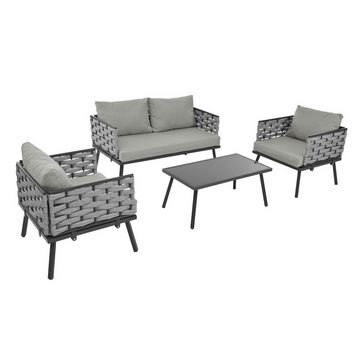 PFCTART Gartenlounge-Set Gartenmöbel-Set mit verzinktem Stahlgestell, Tischplatte aus Glas, (4-teiliges Esstisch-Set, 1 2-Sitzer-Sofa, 2 Einzelstühle, 1 Tisch), Mit Kissen und Kopfkissen