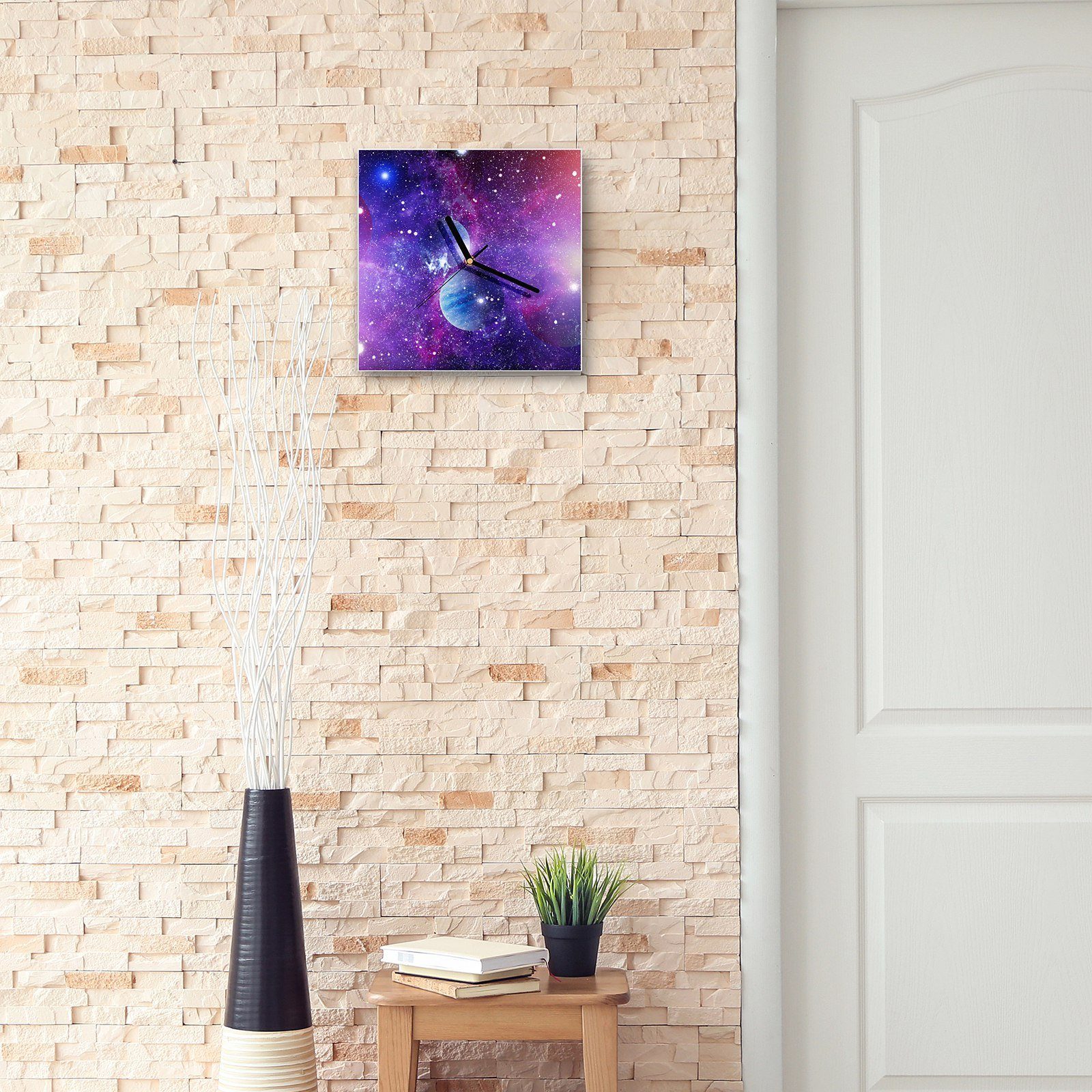 Primedeco Wanduhr Glasuhr Wanduhr x Größe 30 cm Motiv Nebel Galaxien mit 30 und Wandkunst