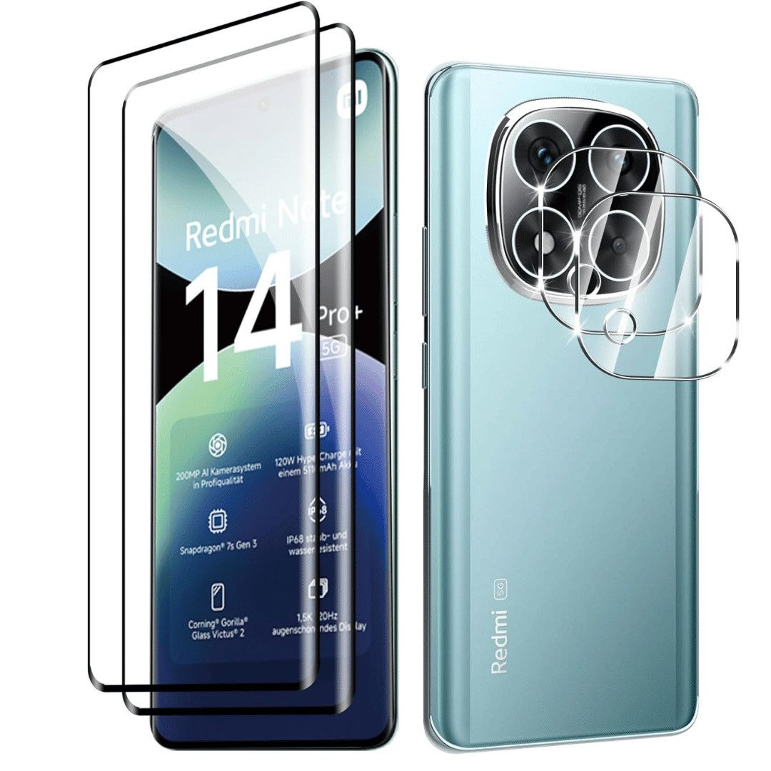 SmartUP Displayschutzglas 2X Schutzglas für Xiaomi Redmi Note 14 Pro Plus 5G Panzerfolie Kamera für Für Xiaomi Redmi Note 14 Pro 5G, kompletter Rundumschutz