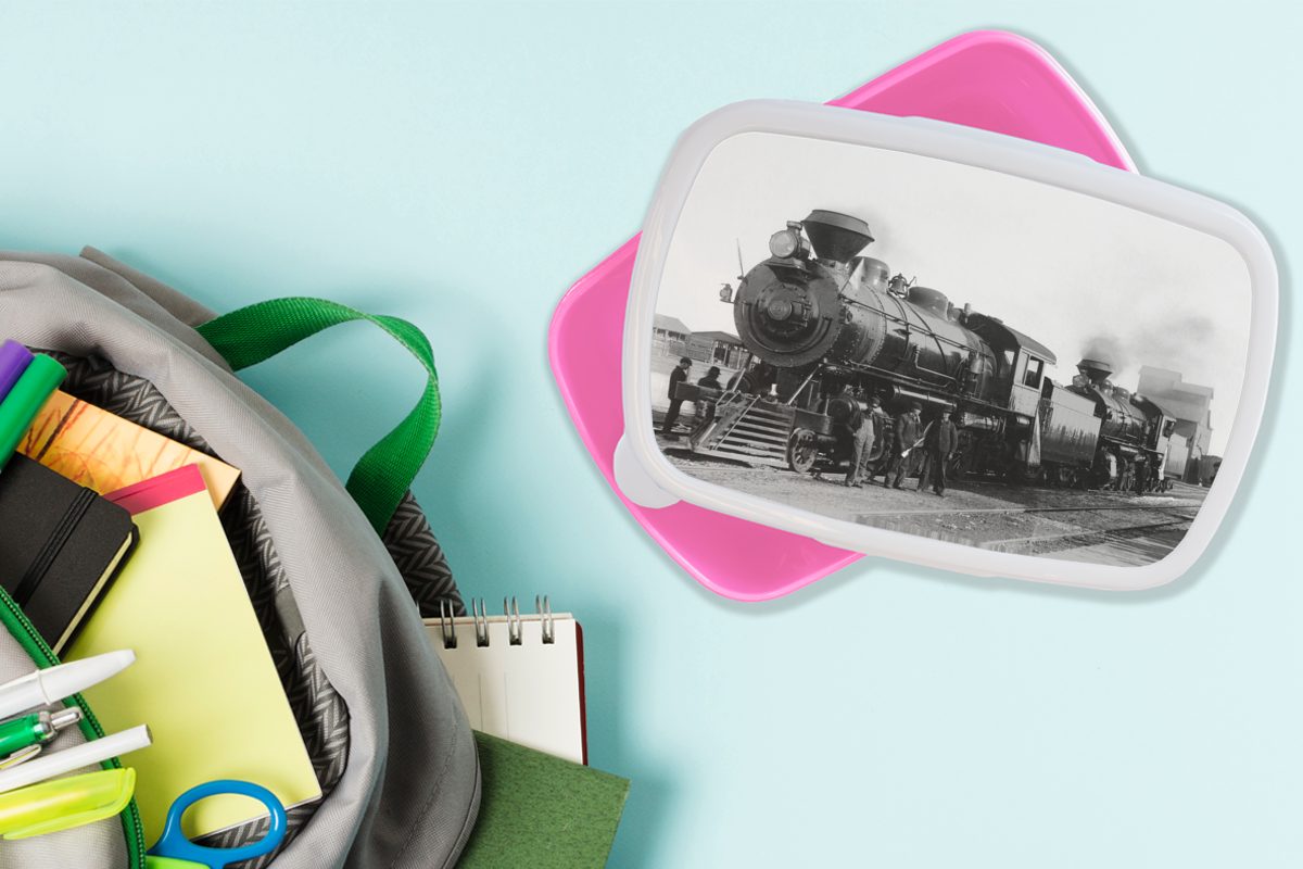 Kinder, MuchoWow für eines Dampfzuges, Kunststoff, antiken Brotbox Kunststoff (2-tlg), Schwarz-Weiß-Fotografie rosa Erwachsene, Mädchen, Snackbox, Brotdose Lunchbox